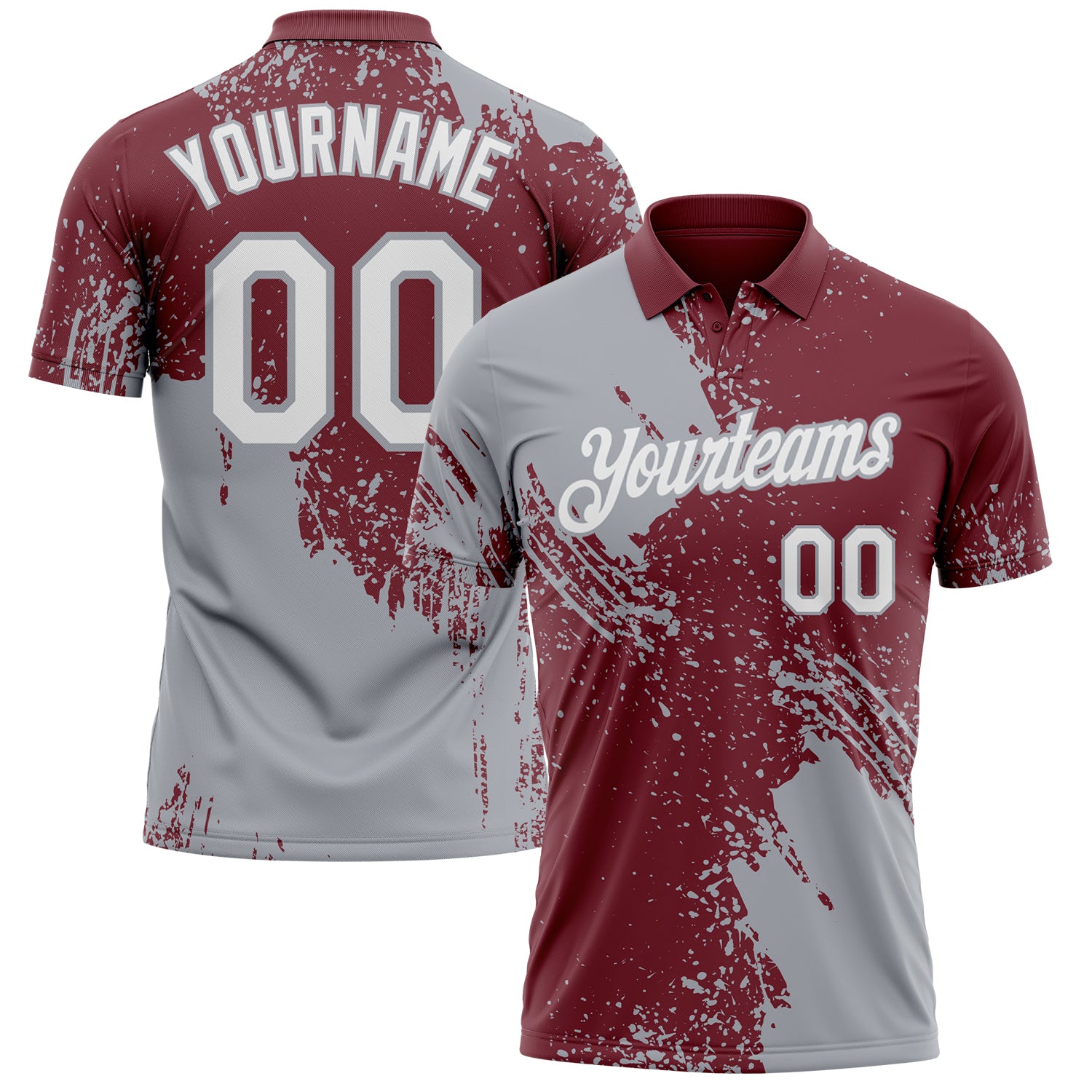 Custom Burgundy White-Gray Distressed Scratch Brush Stroke Performance Polo Shirt