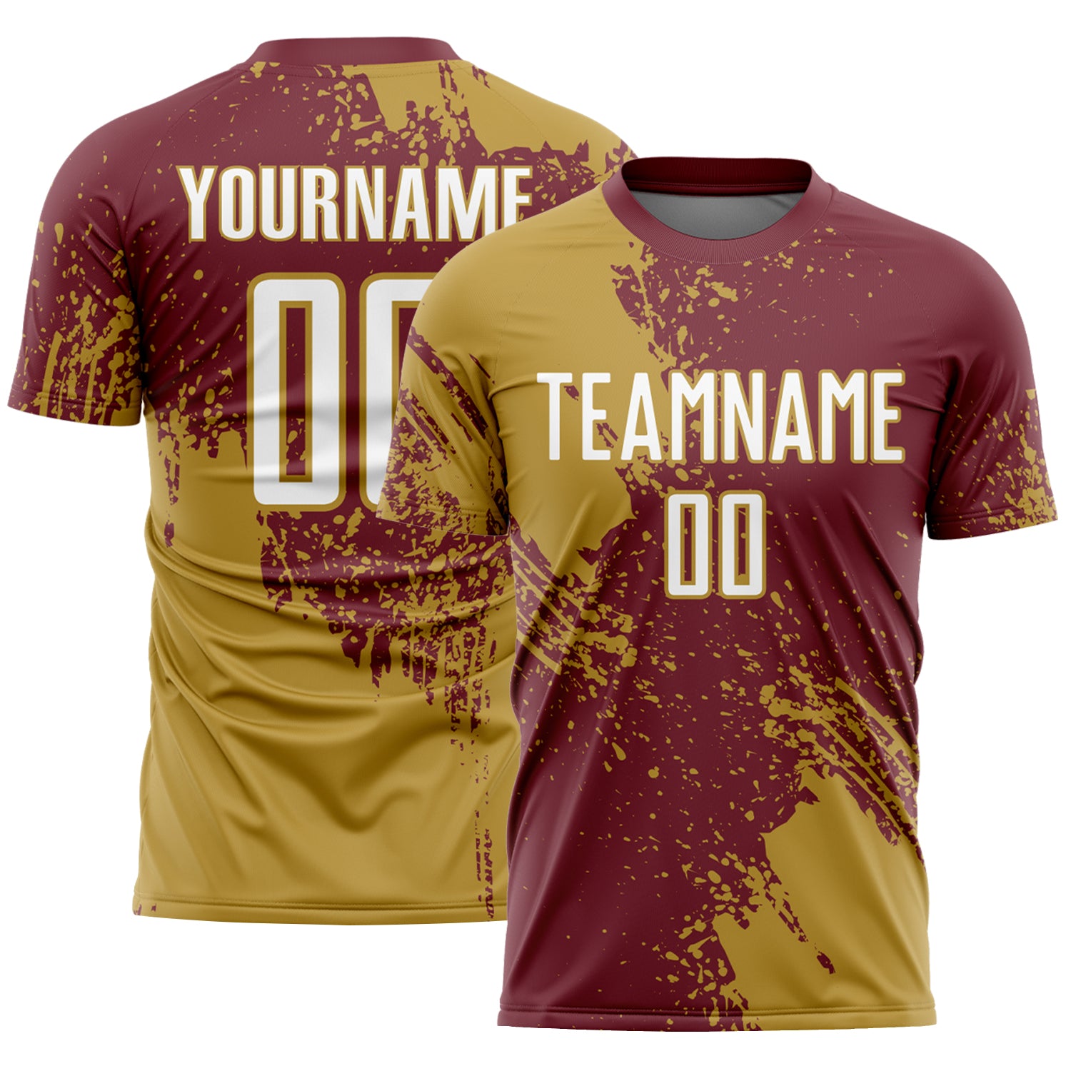 Custom Burgundy White-Old Gold Abstract Brush Stroke Sports Sublimation Soccer Uniform Jersey