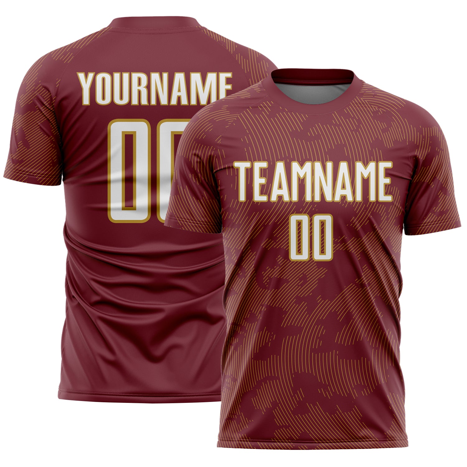 Custom Burgundy White-Old Gold Curve Lines Sublimation Soccer Uniform Jersey