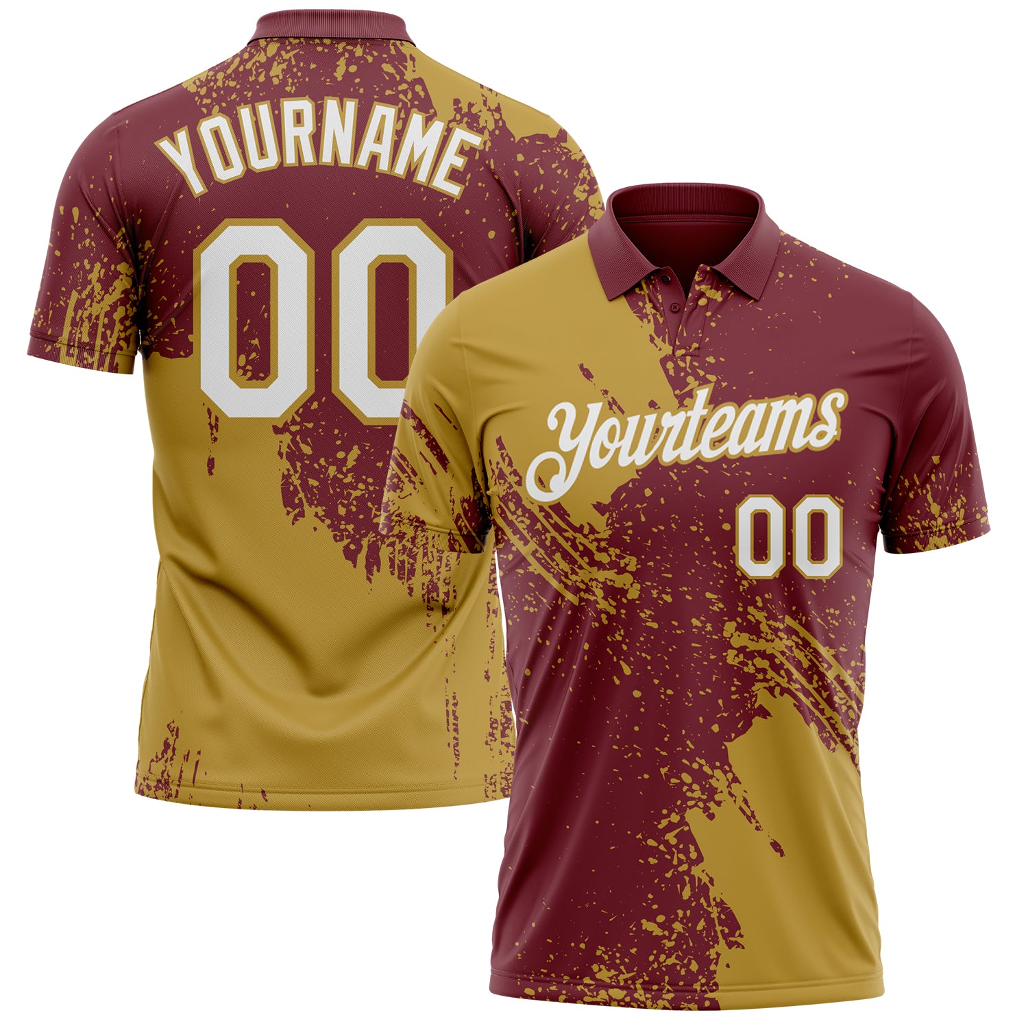 Custom Burgundy White-Old Gold Distressed Scratch Brush Stroke Performance Polo Shirt
