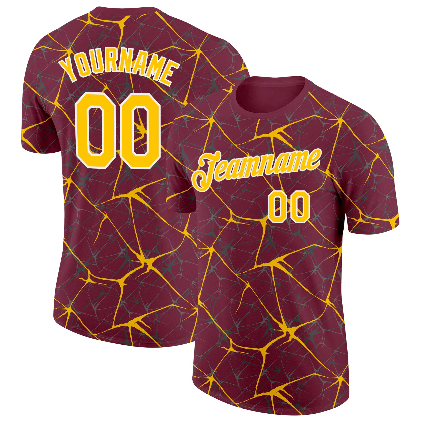 Custom Burgundy Yellow Gray-White Abstract Network Crackle Performance T-Shirt
