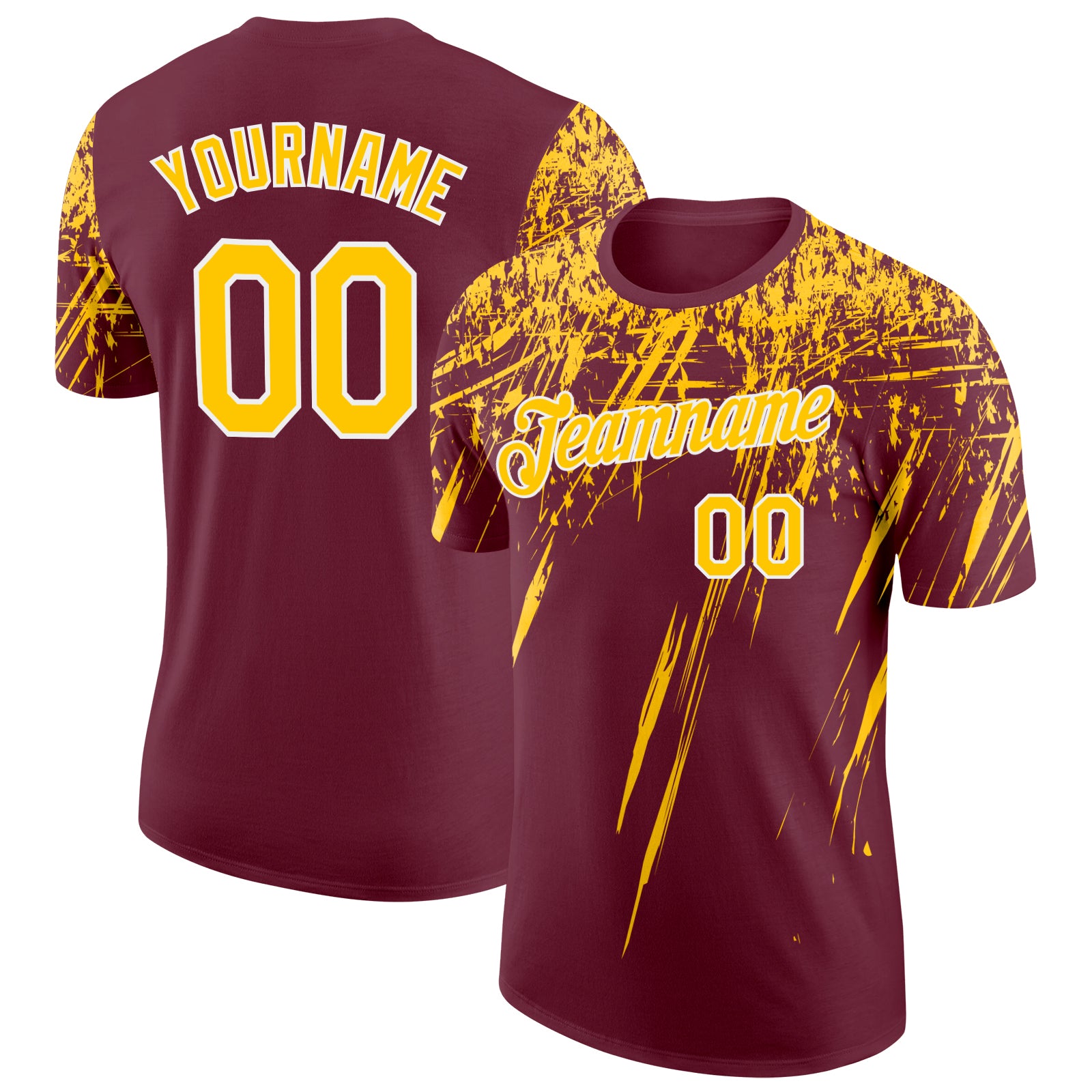Custom Burgundy Yellow-White Distressed Scratch Brush Stroke Performance T-Shirt