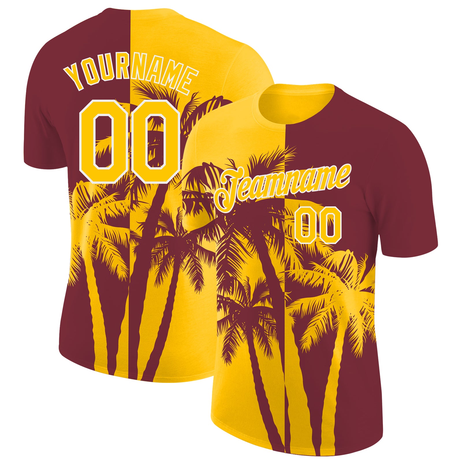 Custom Burgundy Yellow-White Hawaii Tropical Coastal Palm Trees Performance T-Shirt