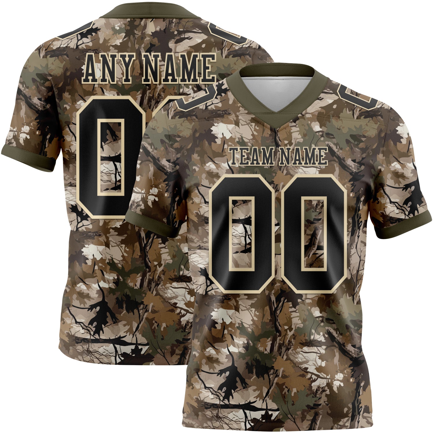 Custom Camo Black Cream-Olive Authentic Woodland Camouflage Salute To Service 7V7 Flag Football Jersey
