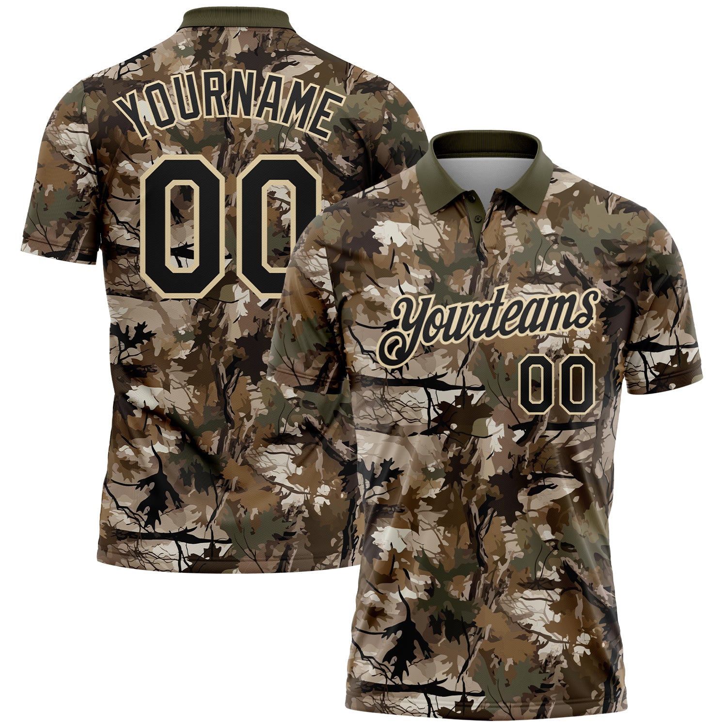 Custom Camo Black Cream-Olive Camo Woodland Forest Camouflage Salute To Service Performance Polo Shirt