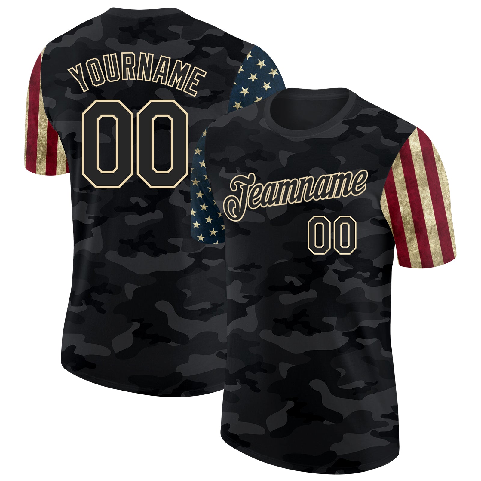 Custom Camo Black-Cream Two Tone USA Flag Sleeves Stars and Stripes Salute To Service Performance T-Shirt