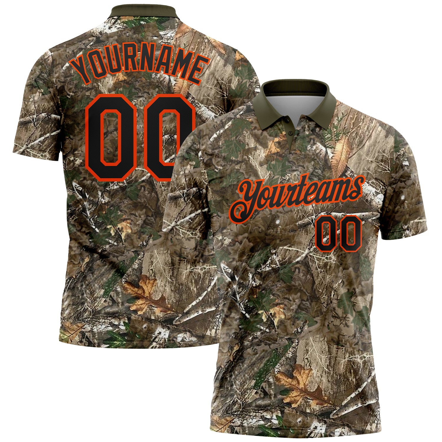 Custom Camo Black Orange-Olive Camo Woodland Forest Camouflage Salute To Service Performance Polo Shirt