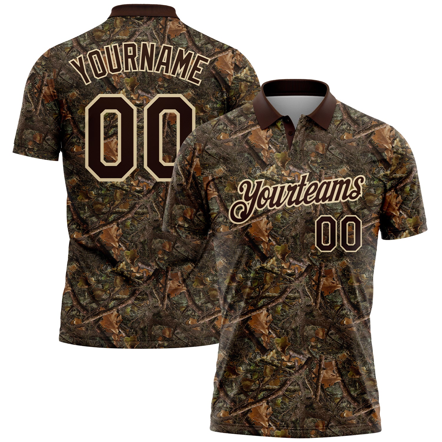 Custom Camo Brown-Cream Camo Woodland Forest Camouflage Salute To Service Performance Polo Shirt