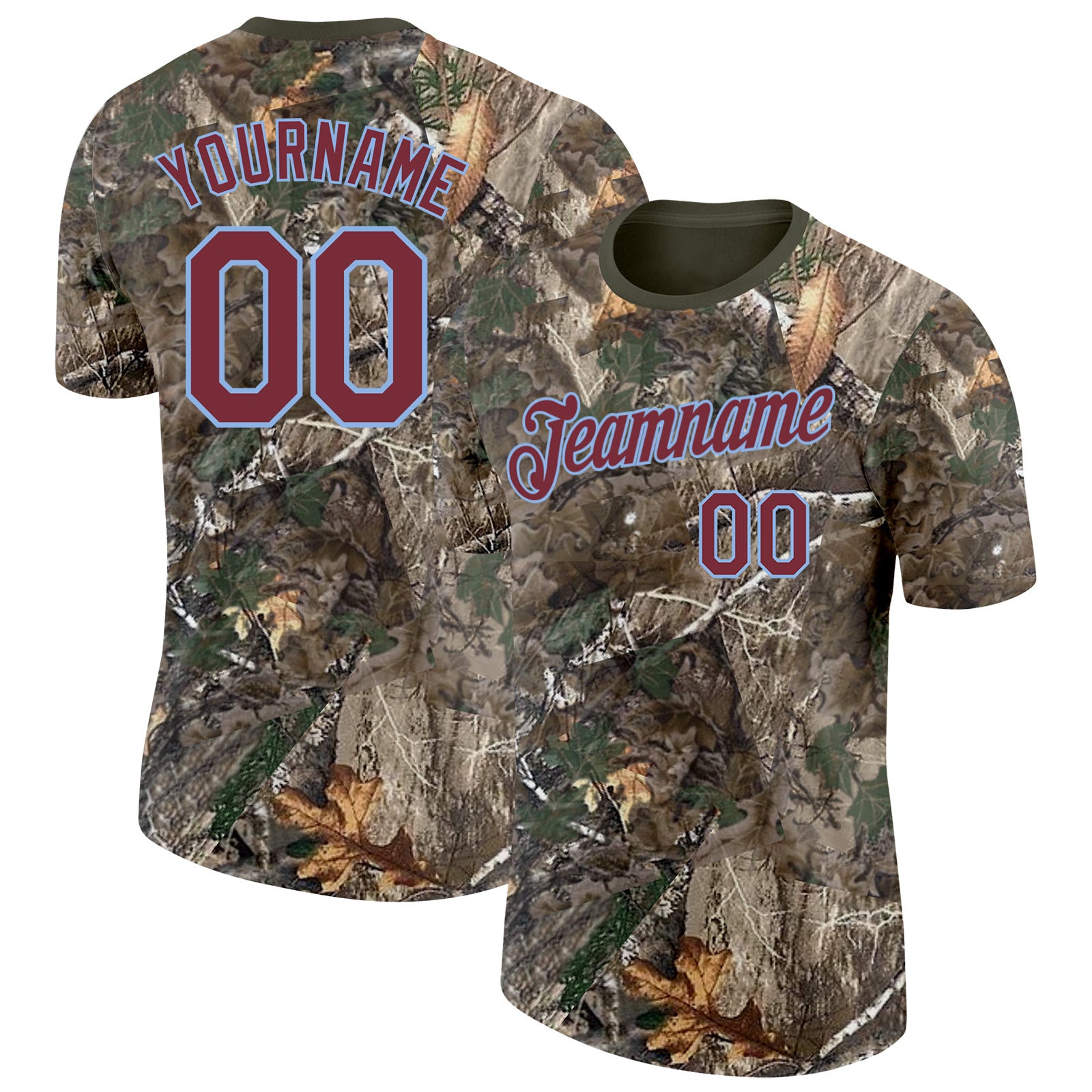 Custom Camo Burgundy Light Blue-Olive Woodland Camouflage Salute To Service Performance T-Shirt