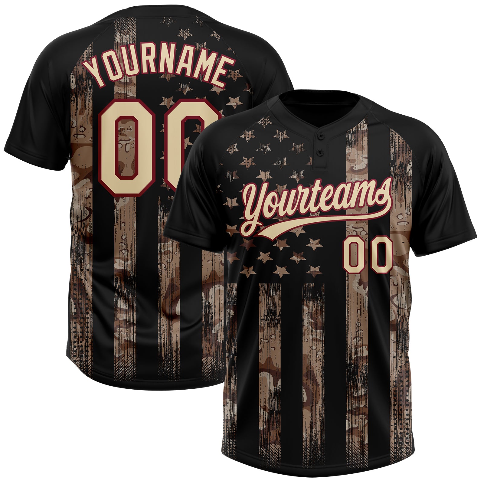 Custom Camo Cream Black-Crimson American Flag Salute To Service Two-Button Unisex Softball Jersey