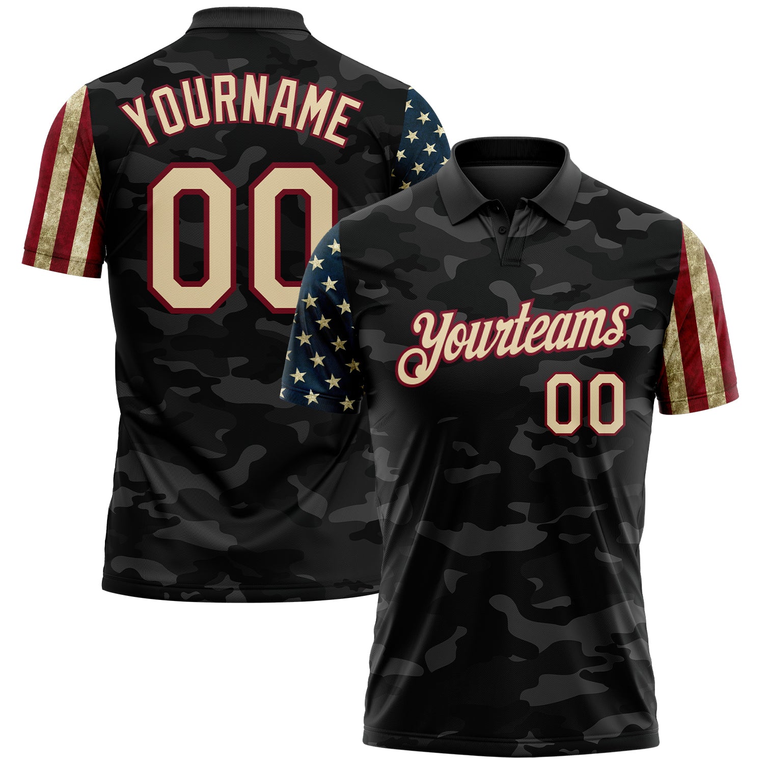 Custom Camo Cream Crimson-Black Stars & Stripes Two Tone Salute To Service Patriotic Performance Polo Shirt