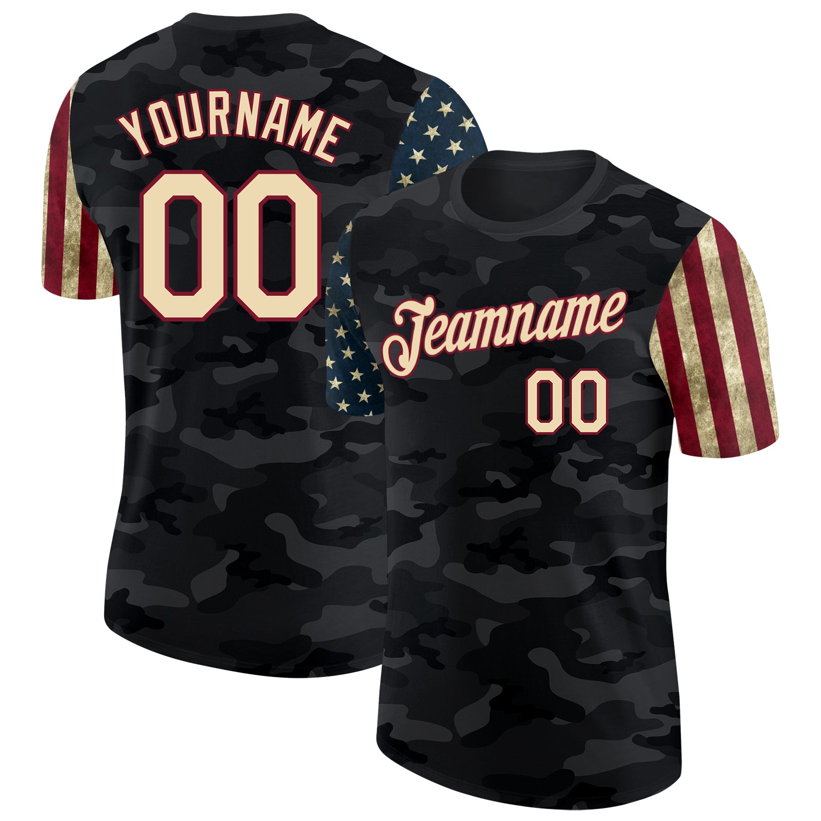 Custom Camo Cream Crimson-Black Two Tone USA Flag Sleeves Stars and Stripes Salute To Service Performance T-Shirt
