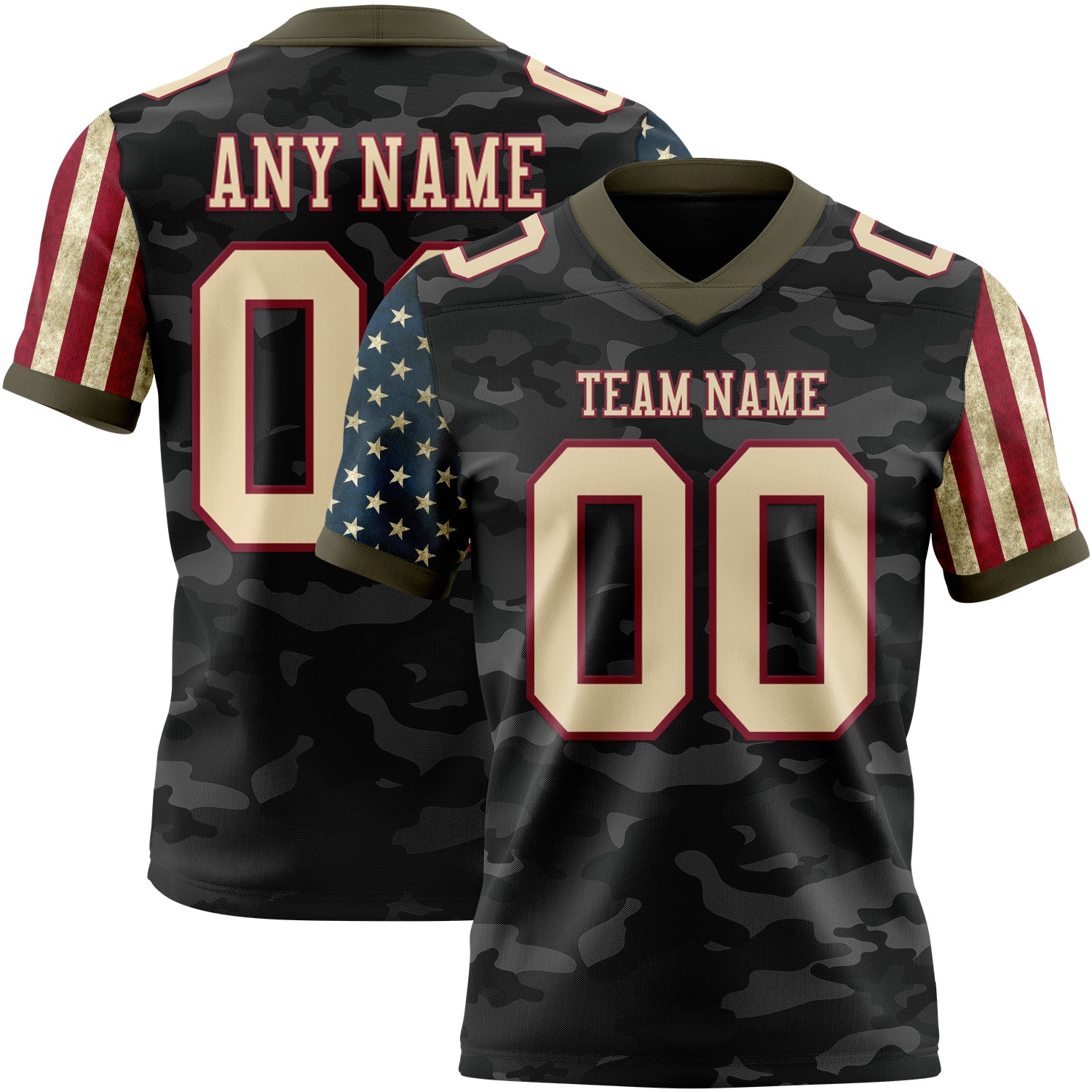 Custom Camo Cream Crimson-Olive Authentic American Flag Stars And Stripes Two Tone Salute To Service 7V7 Flag Football Jersey