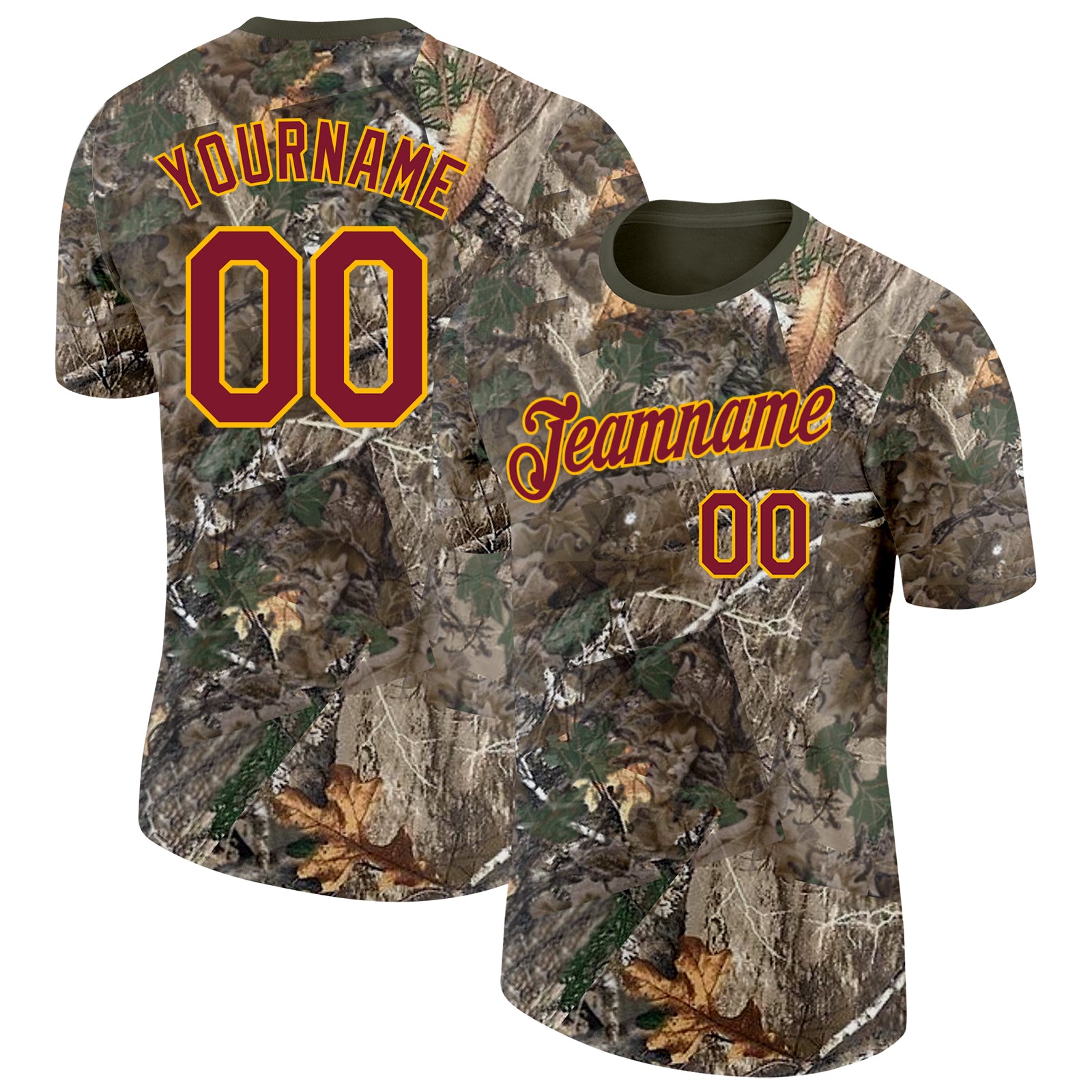 Custom Camo Crimson Gold-Olive Woodland Camouflage Salute To Service Performance T-Shirt