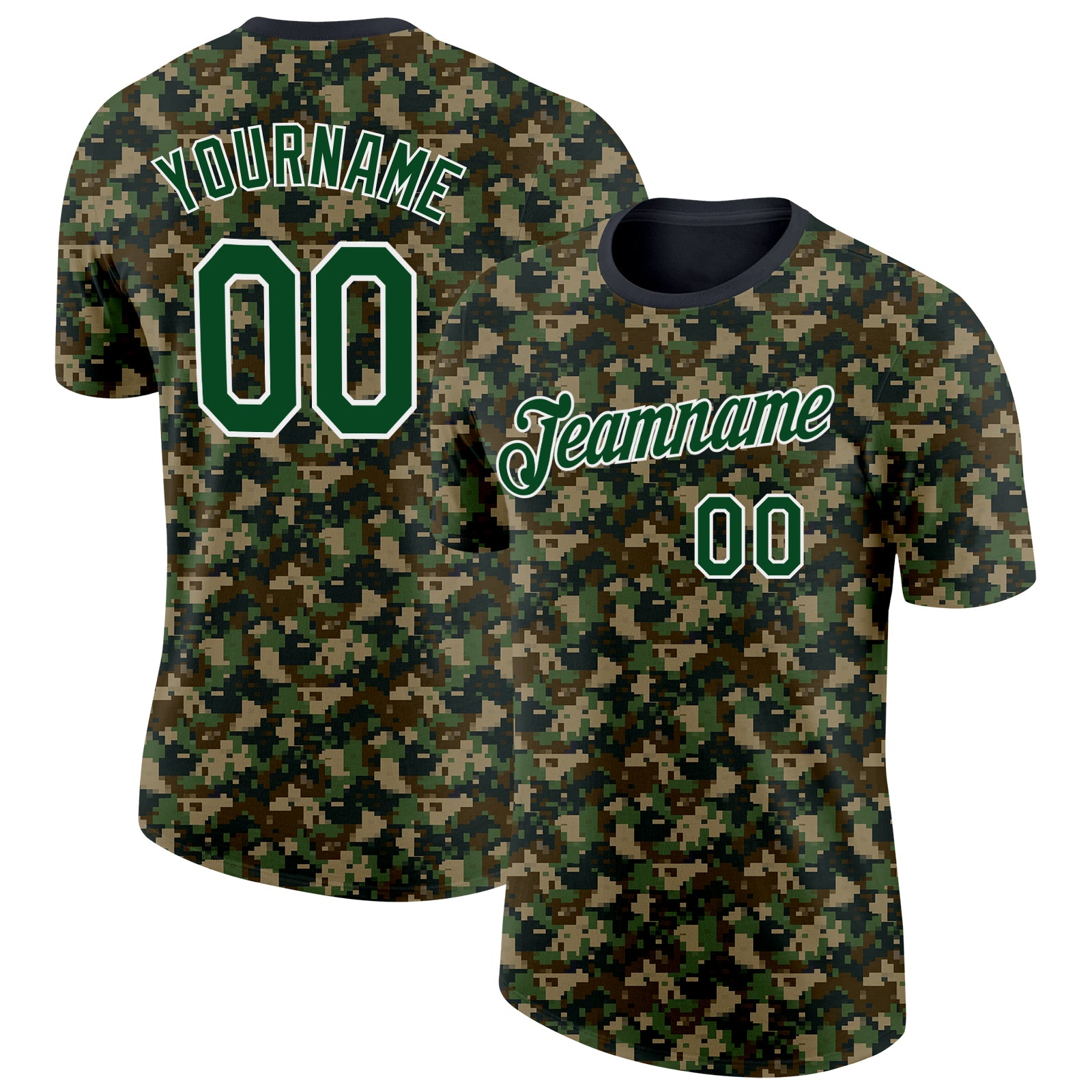 Custom Camo Green-White Woodland Digital Camouflage Pixel Salute To Service Performance T-Shirt
