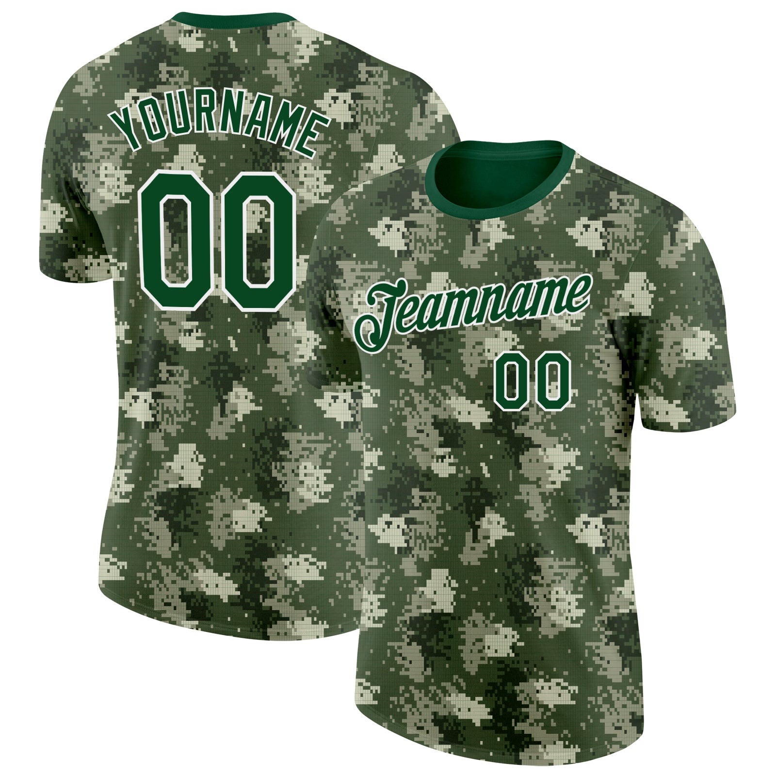 Custom Camo Green-White Woodland Forest Digital Camouflage Pixel Salute To Service Performance T-Shirt