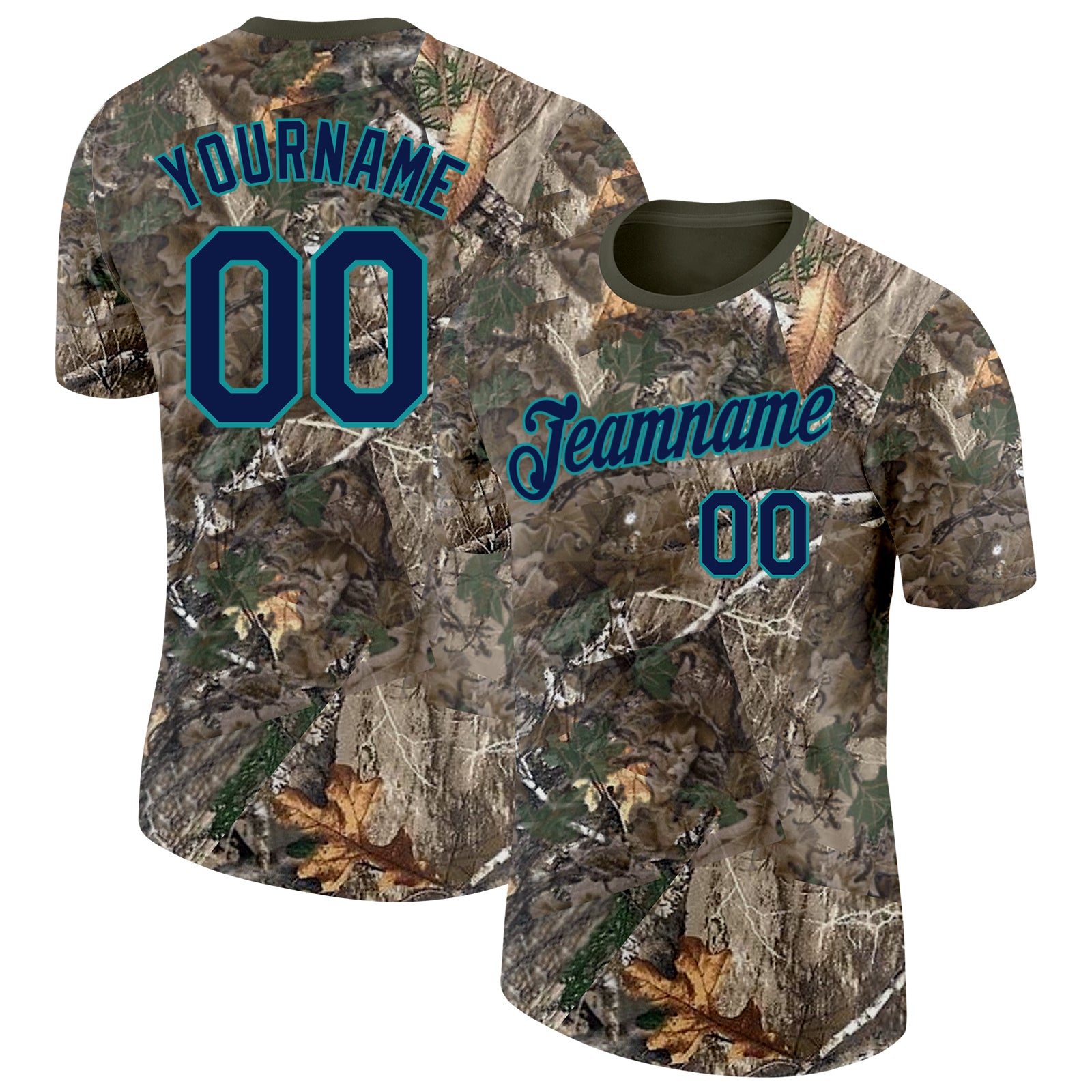 Custom Camo Navy Teal-Olive Woodland Camouflage Salute To Service Performance T-Shirt