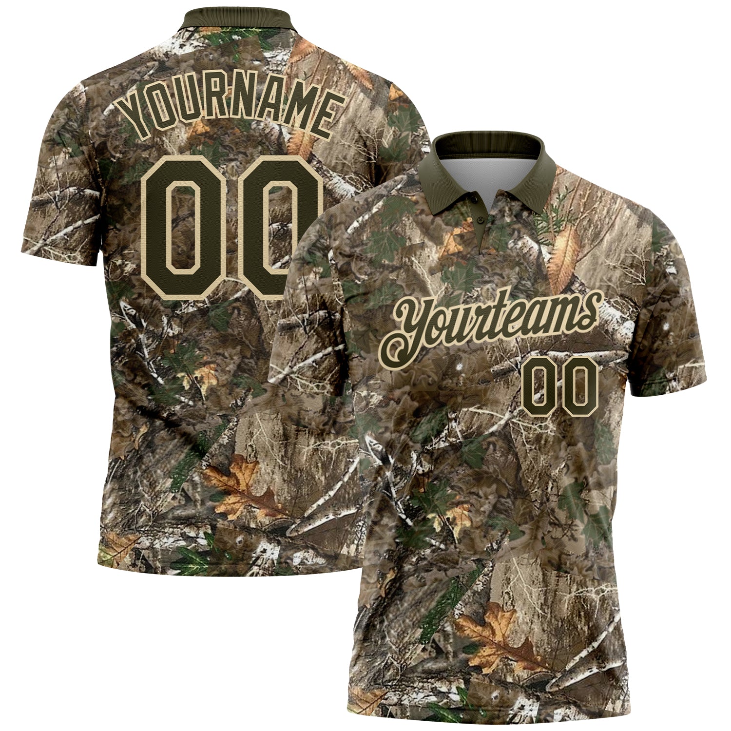 Custom Camo Olive-Cream Woodland Forest Camouflage Salute To Service Performance Polo Shirt