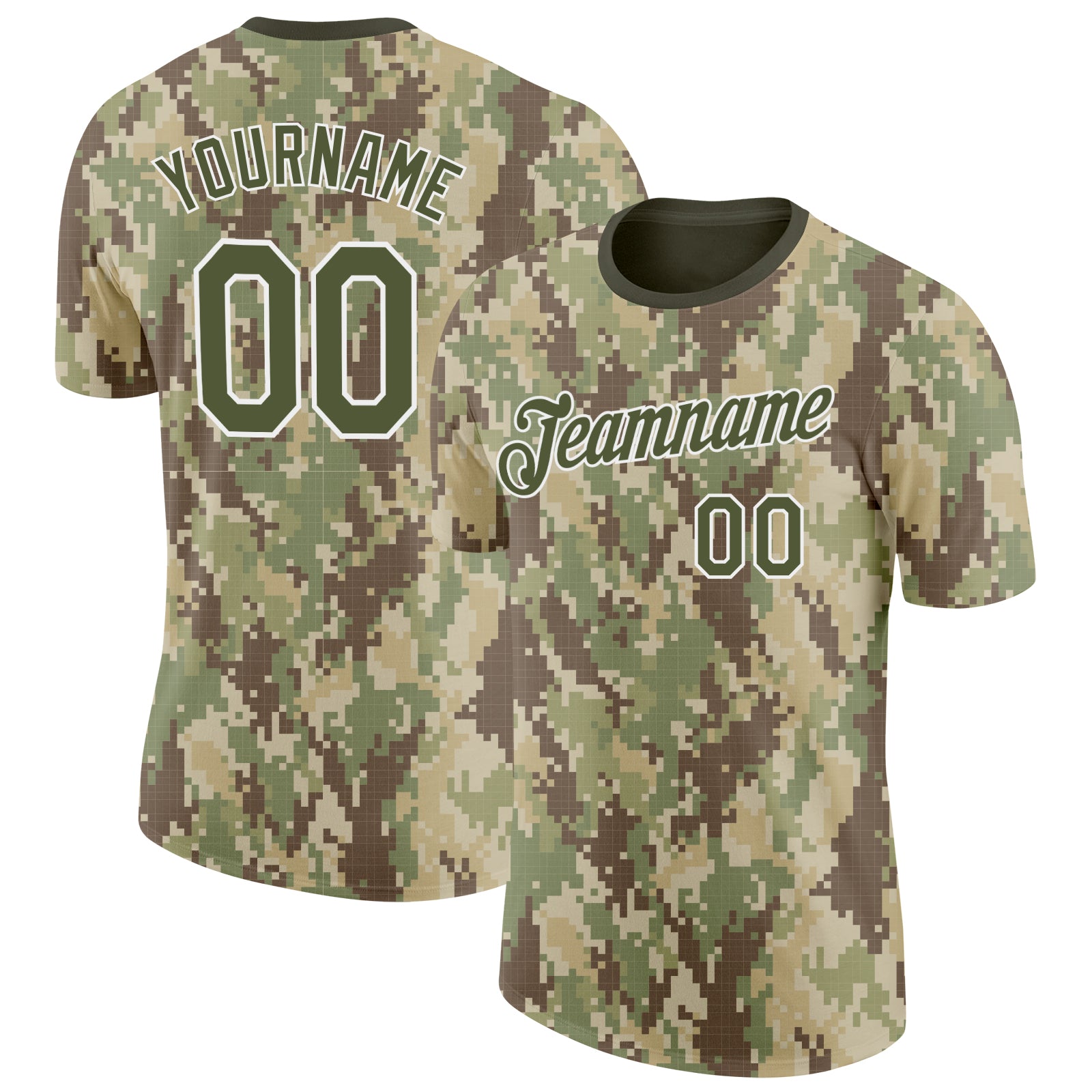 Custom Camo Olive-White Woodland Forest Digital Camouflage Pixel Salute To Service Performance T-Shirt