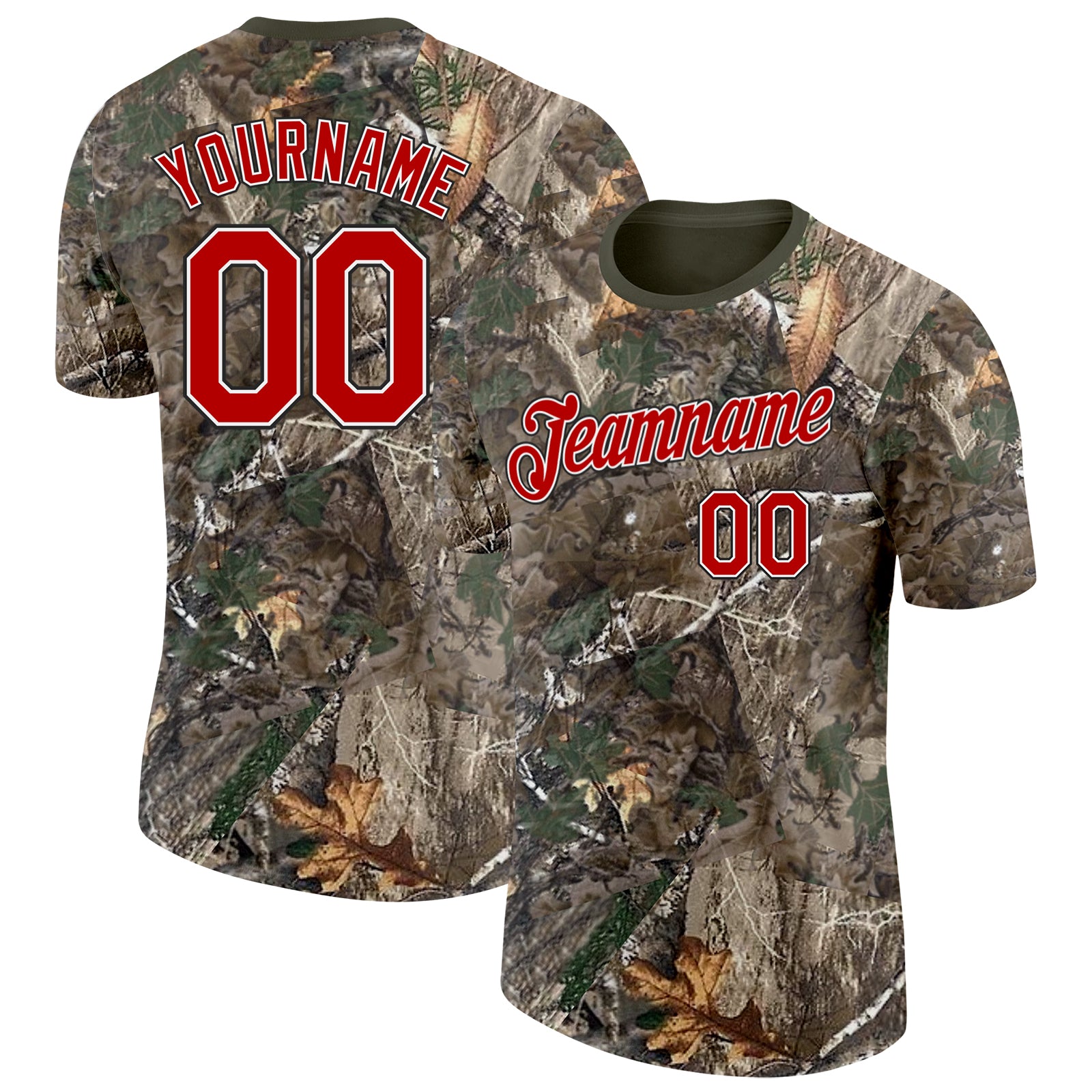 Custom Camo Red White Black-Olive Woodland Camouflage Salute To Service Performance T-Shirt