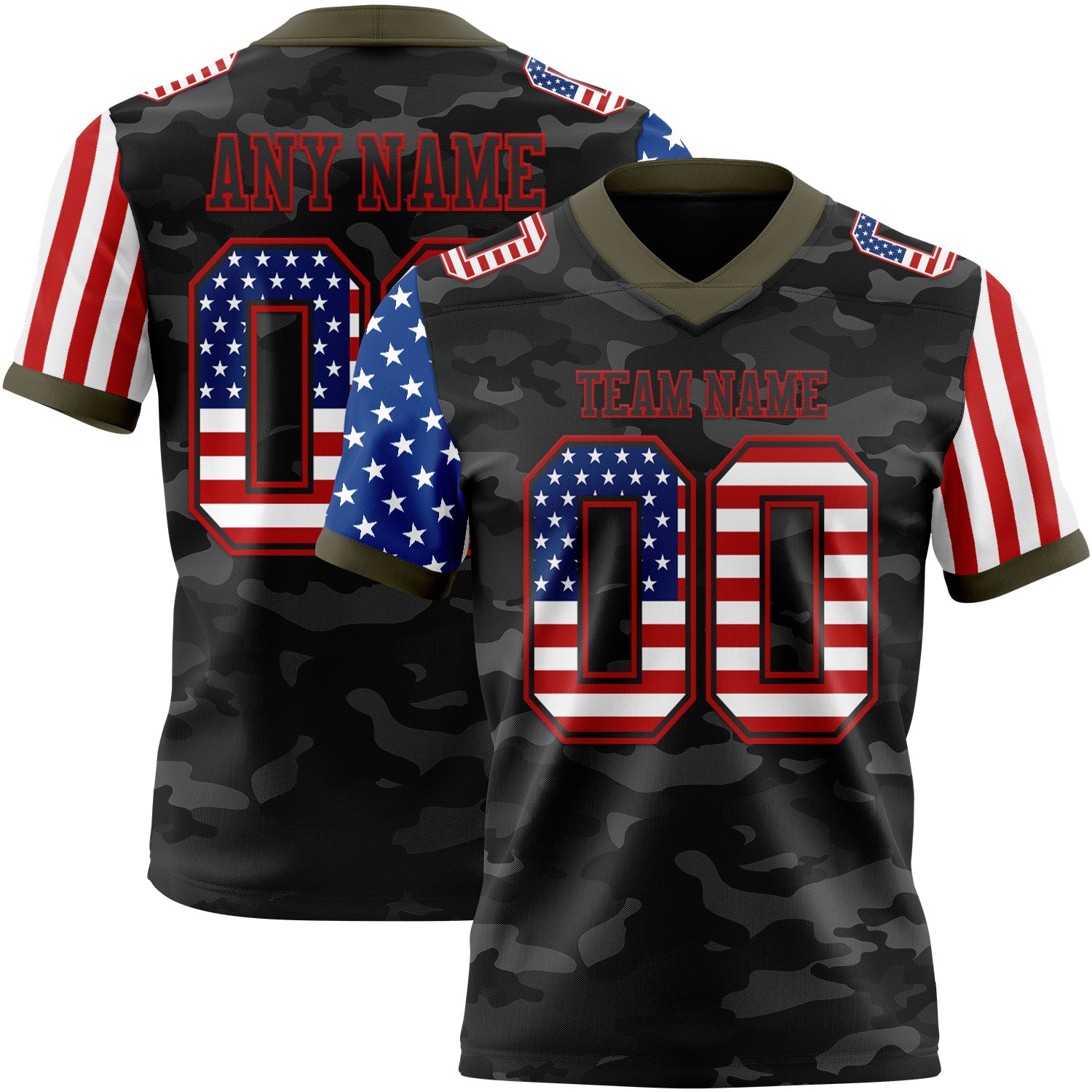 Custom Camo USA Flag Black Red-Olive Authentic Stars And Stripes Two Tone Salute To Service 7V7 Flag Football Jersey