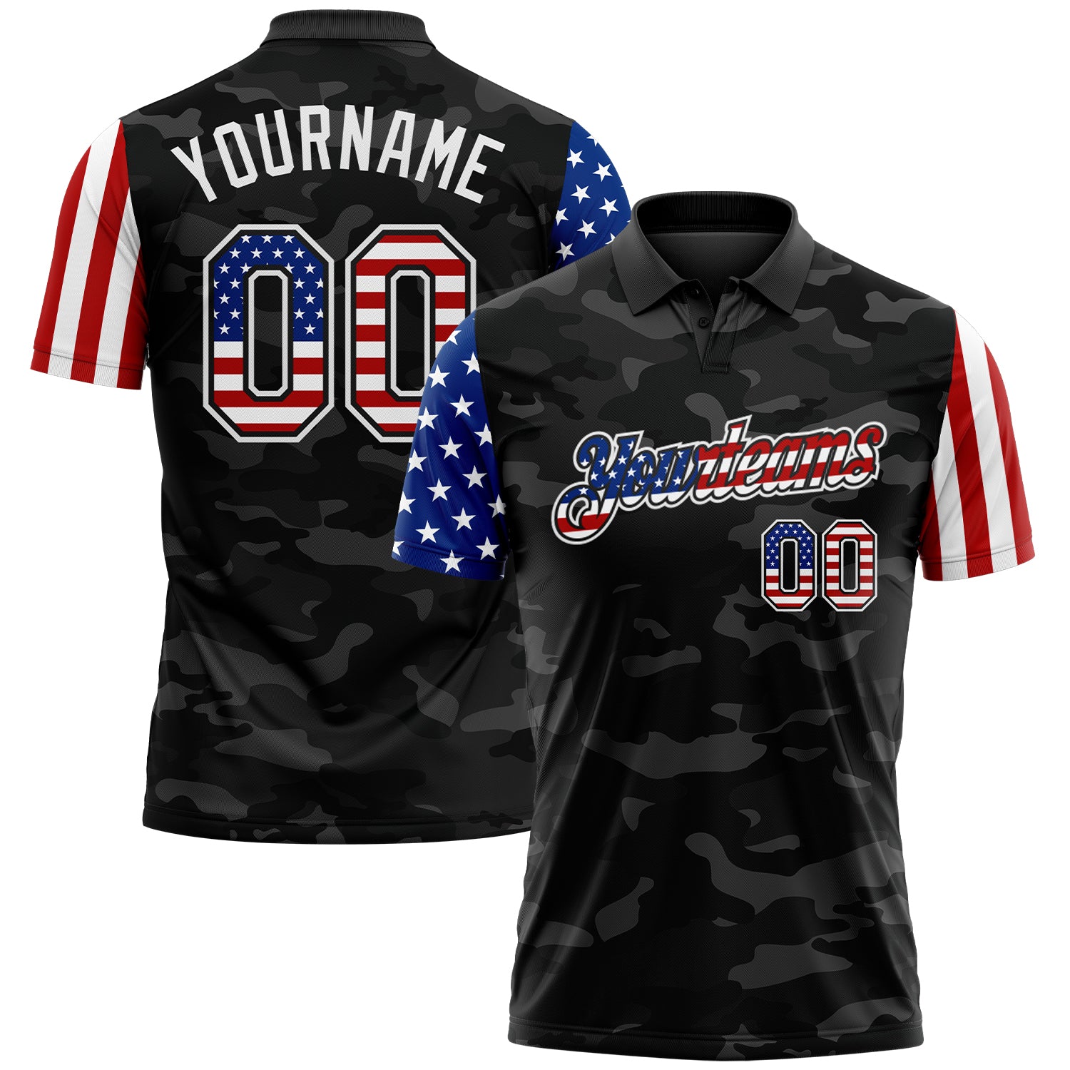 Custom Camo USA Flag Black-White Stars & Stripes Two Tone Salute To Service Patriotic Performance Polo Shirt
