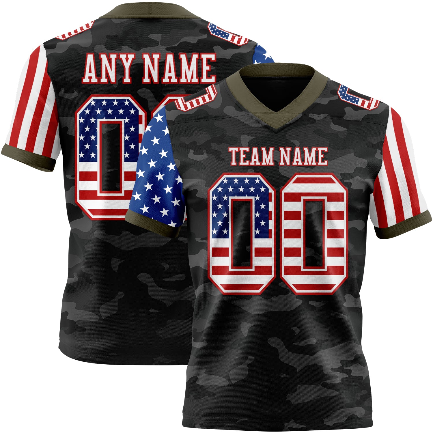 Custom Camo USA Flag White Red-Olive Authentic Stars And Stripes Two Tone Salute To Service 7V7 Flag Football Jersey