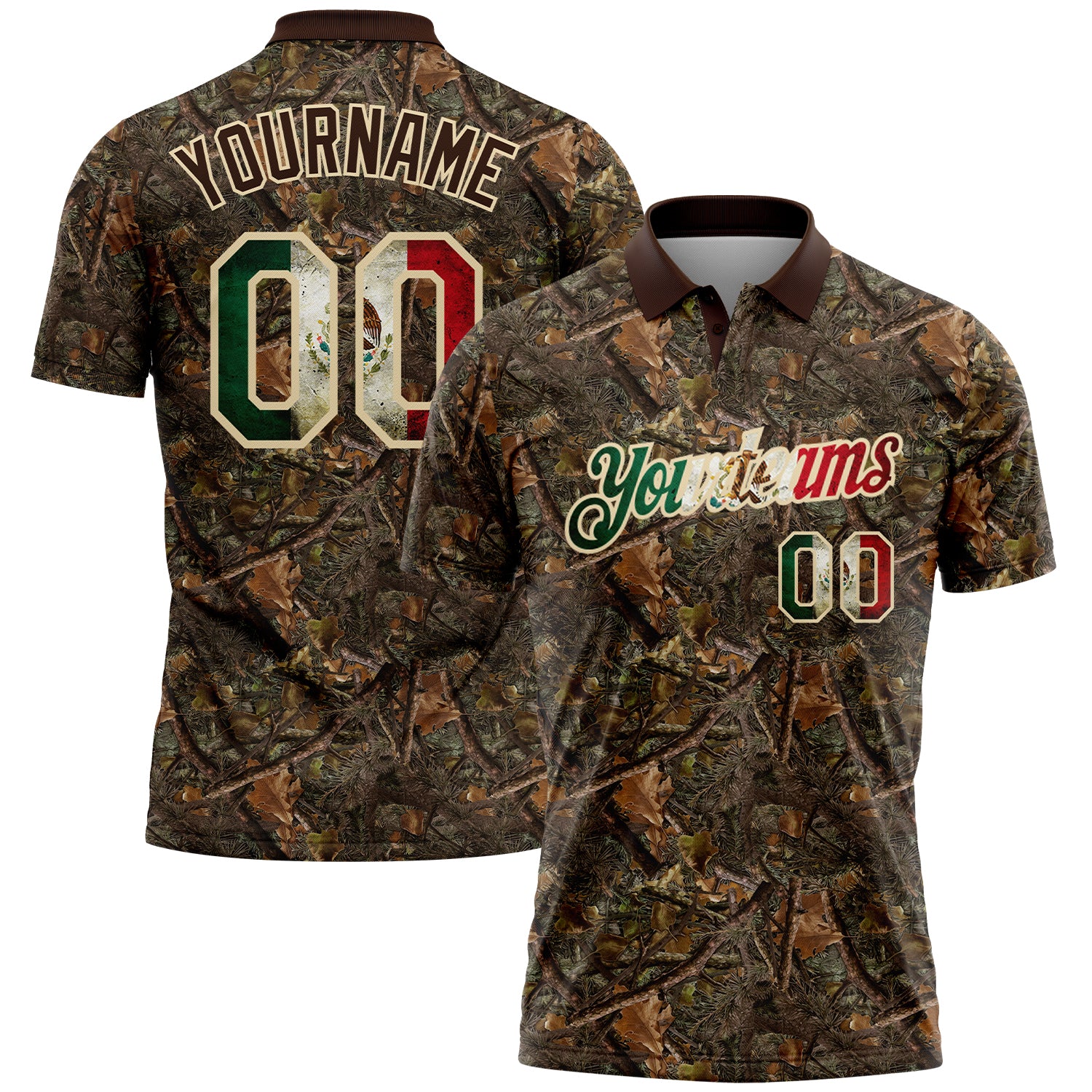 Custom Camo Vintage Mexican Flag Cream-Brown Camo Woodland Forest Camouflage Salute To Service Patriotic Performance Polo Shirt