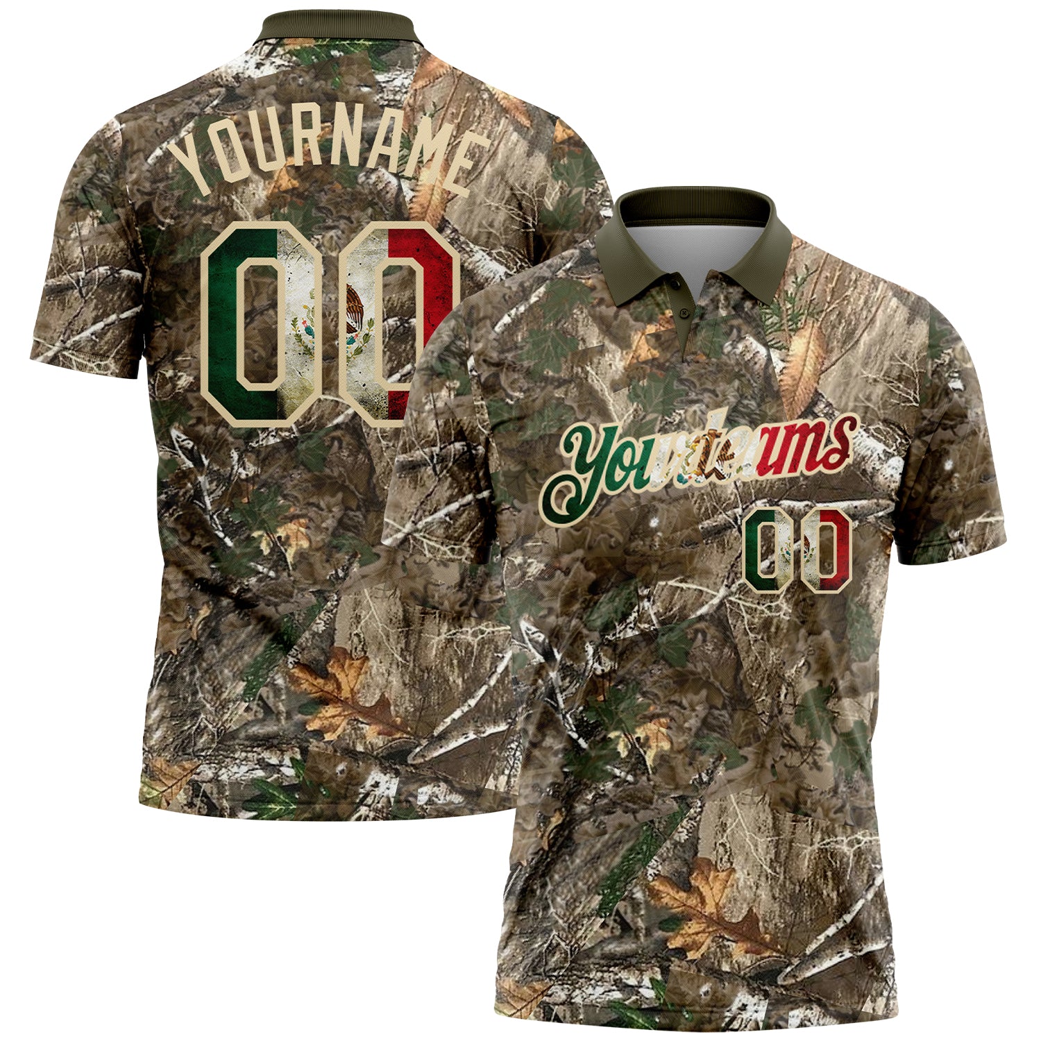 Custom Camo Vintage Mexican Flag Cream-Olive Camo Woodland Forest Camouflage Salute To Service Patriotic Performance Polo Shirt