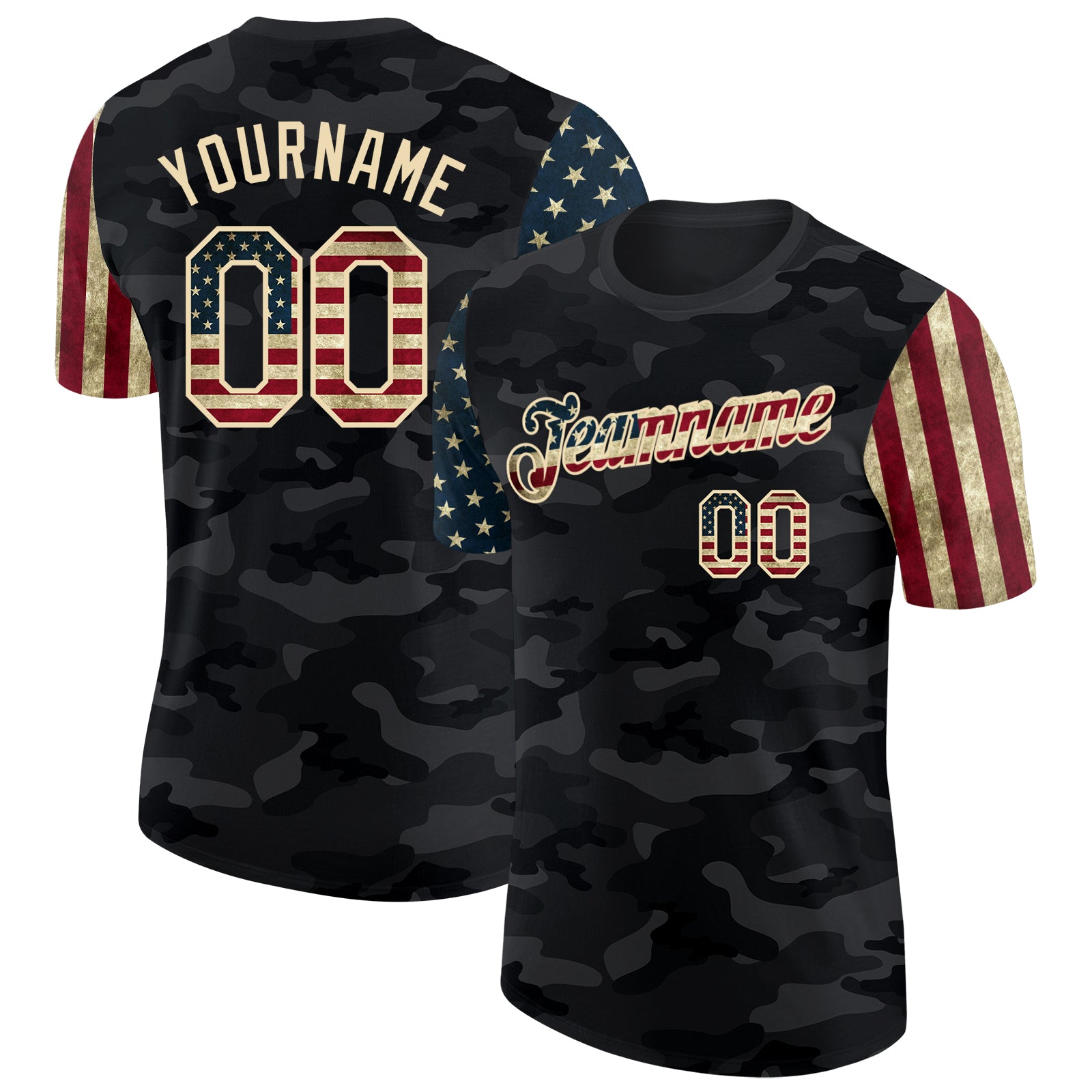 Custom Camo Vintage USA Flag Cream-Black Two Tone Stars and Stripes Salute To Service Performance T-Shirt