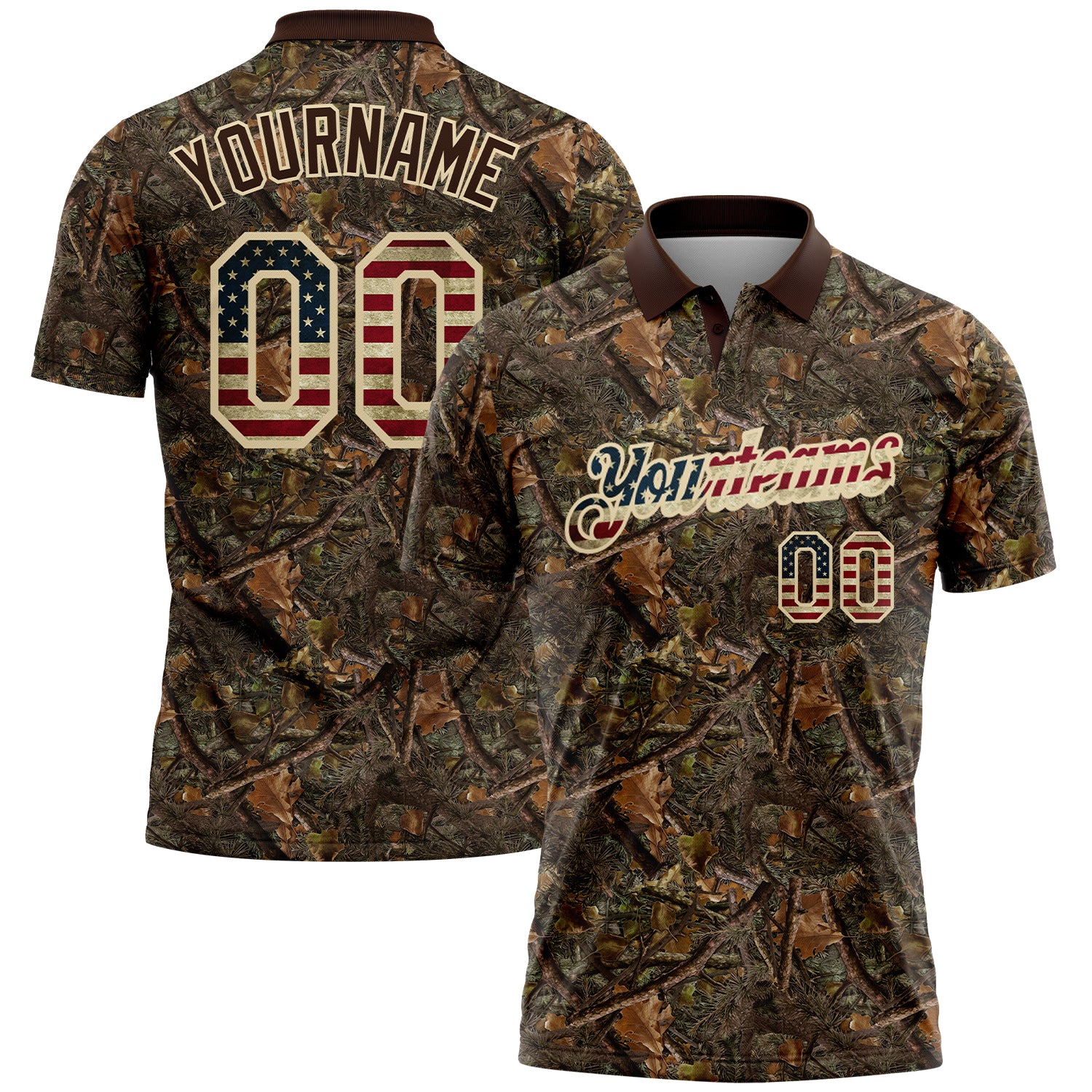 Custom Camo Vintage USA Flag Cream-Brown Camo Woodland Forest Camouflage Salute To Service Patriotic Performance Polo Shirt