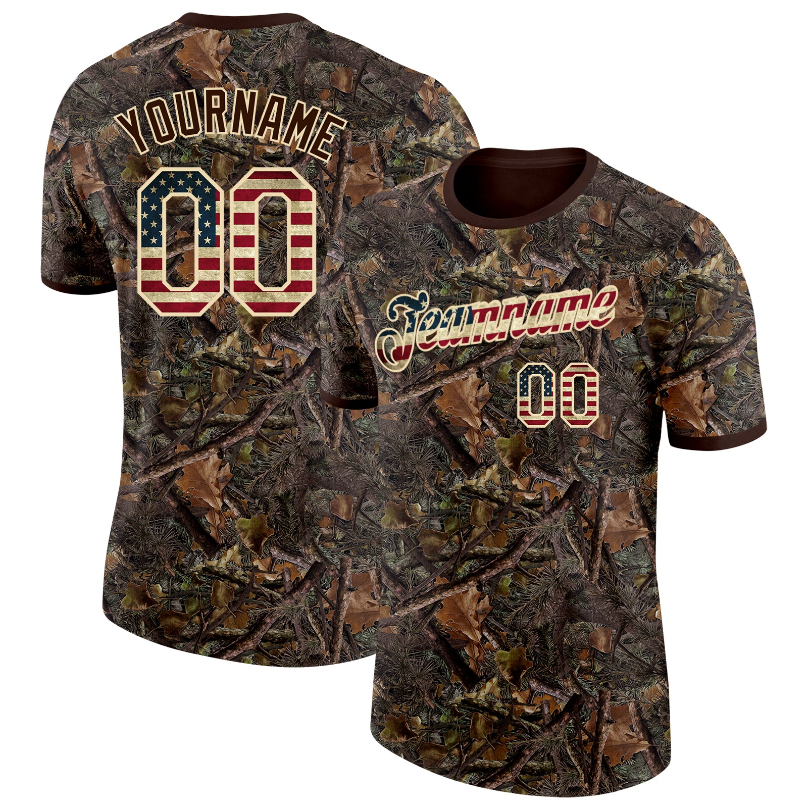 Custom Camo Vintage USA Flag Cream-Brown Woodland Camouflage Salute To Service Performance T-Shirt