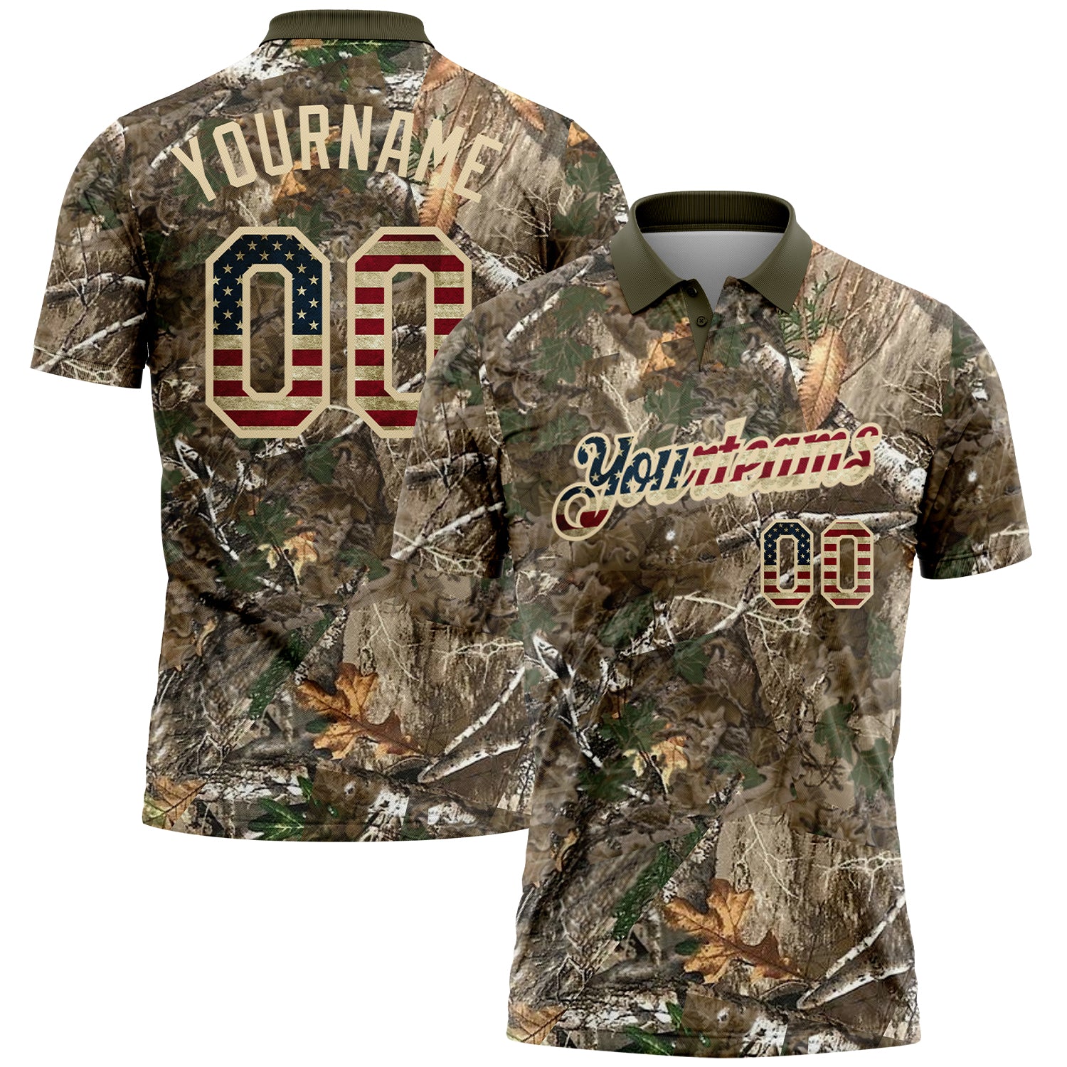 Custom Camo Vintage USA Flag Cream-Olive Camo Woodland Forest Camouflage Salute To Service Patriotic Performance Polo Shirt