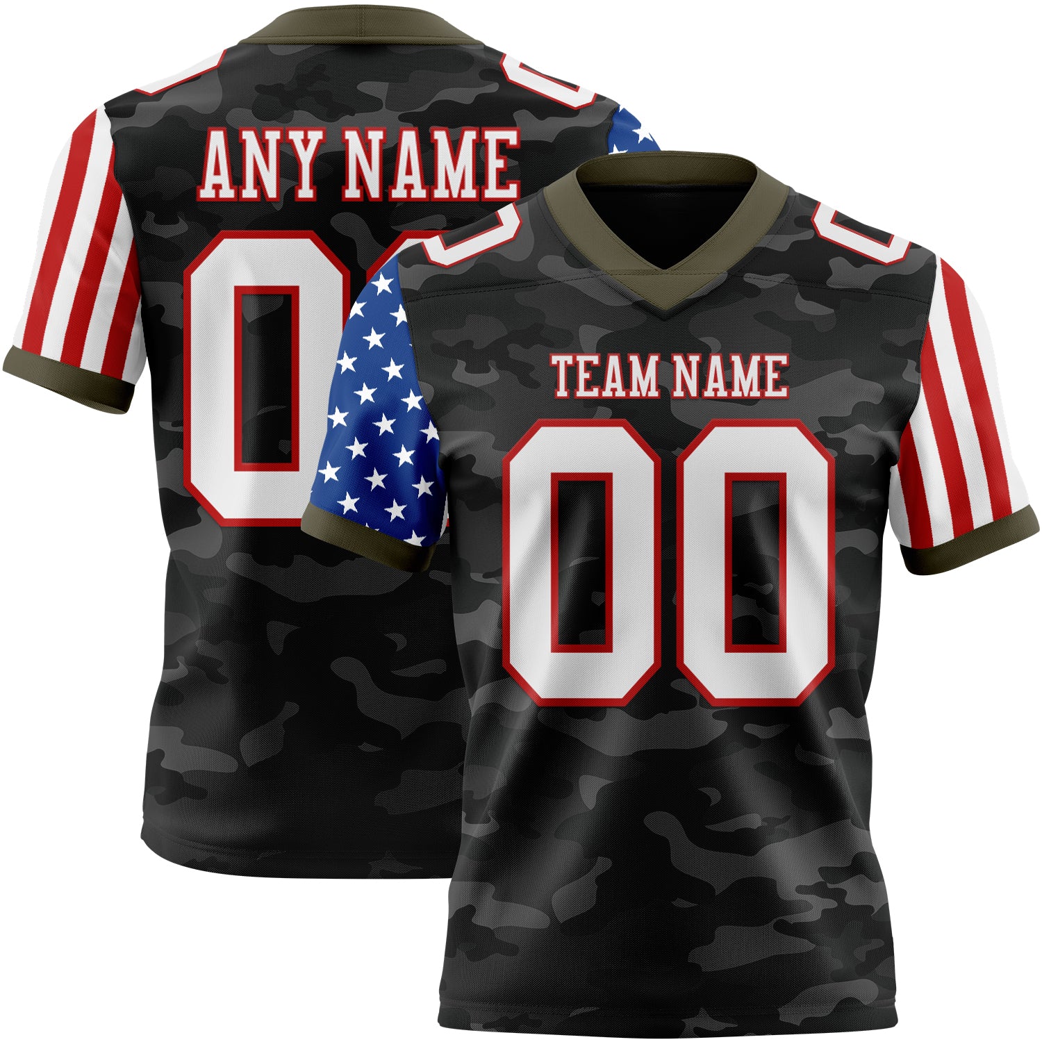 Custom Camo White Red-Olive Authentic American Flag Stars And Stripes Two Tone Salute To Service 7V7 Flag Football Jersey