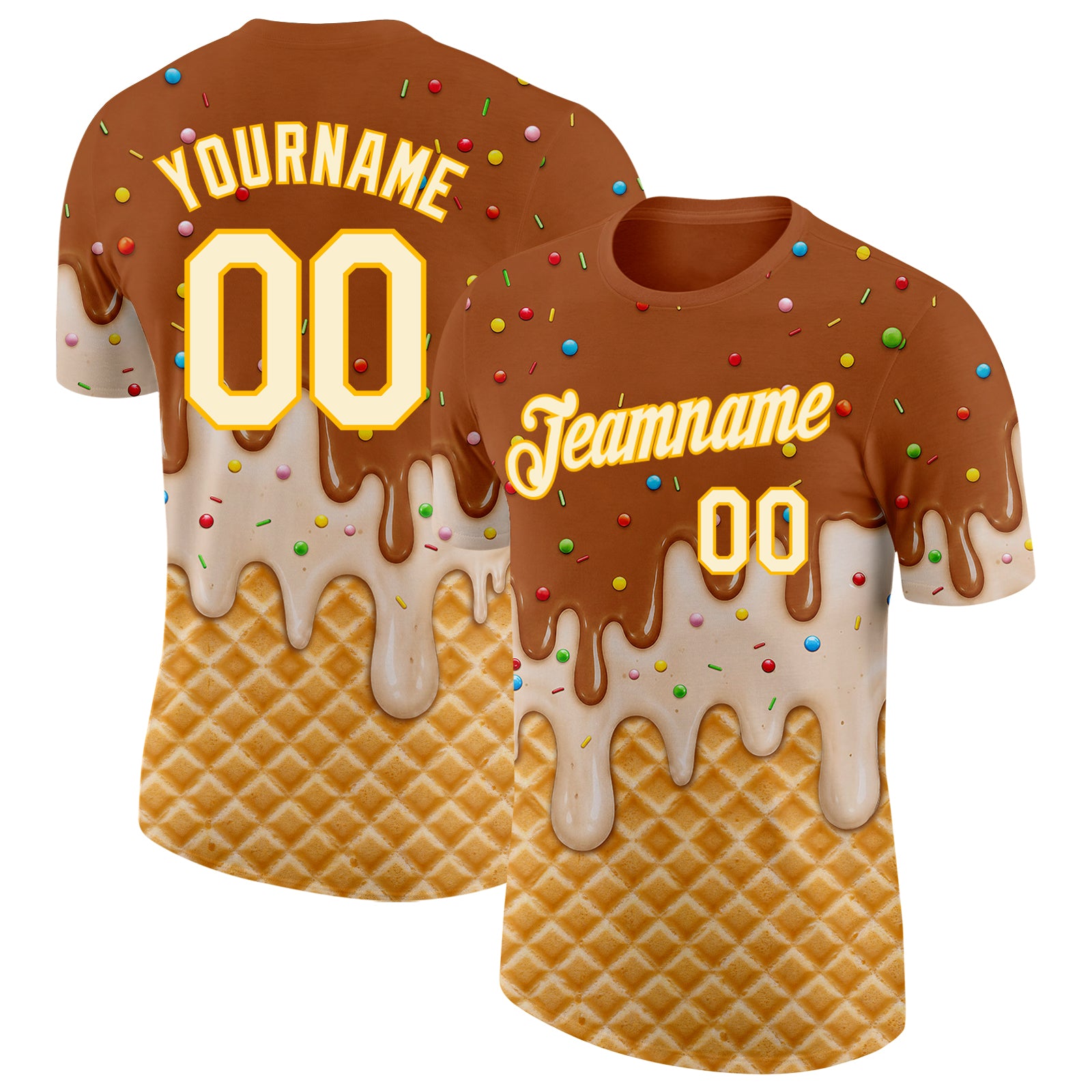 Custom Chocolate Brown Cream-Gold Ice Cream Waffle Foodie Dessert Performance T-Shirt