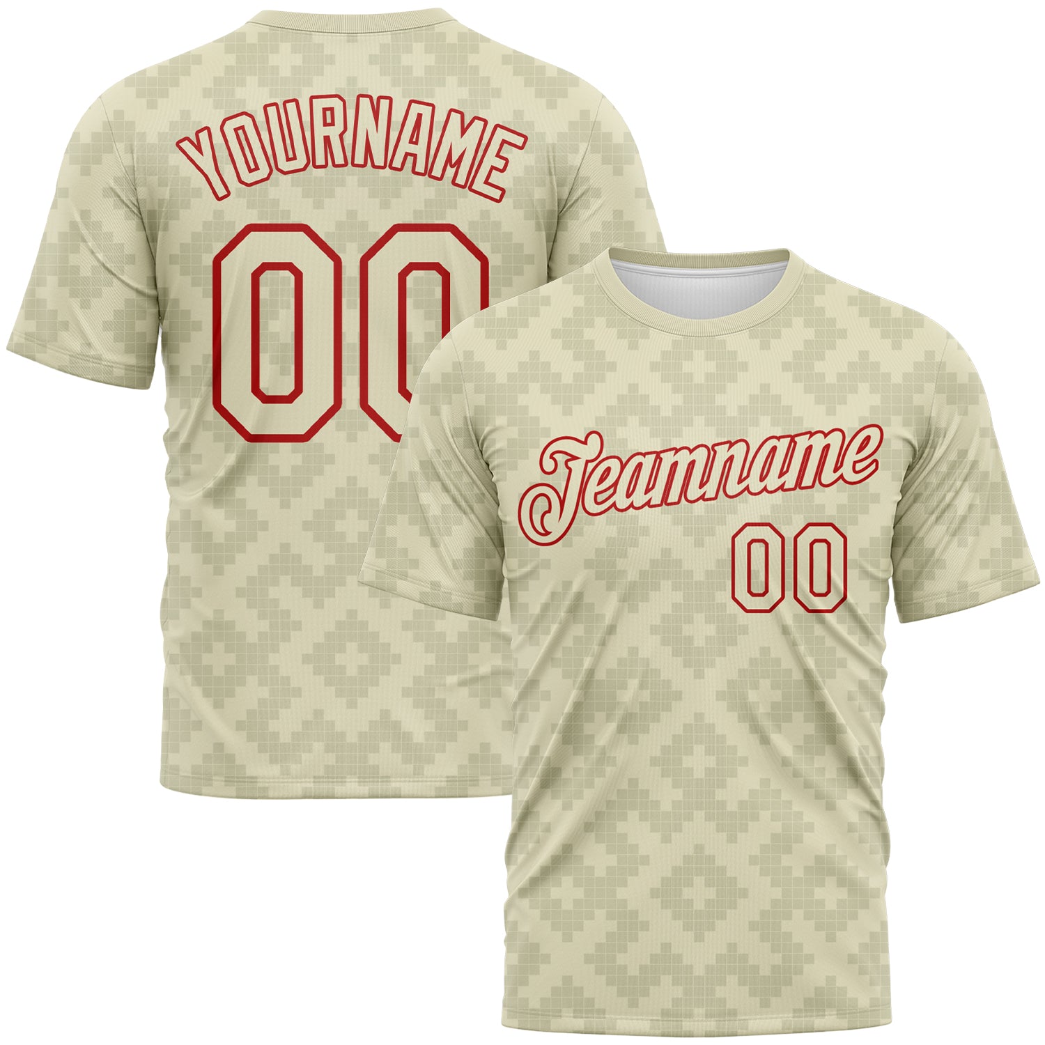 Custom City Cream-Red 3D Pattern Geometric Diamond Subtle Grid Performance T-Shirt