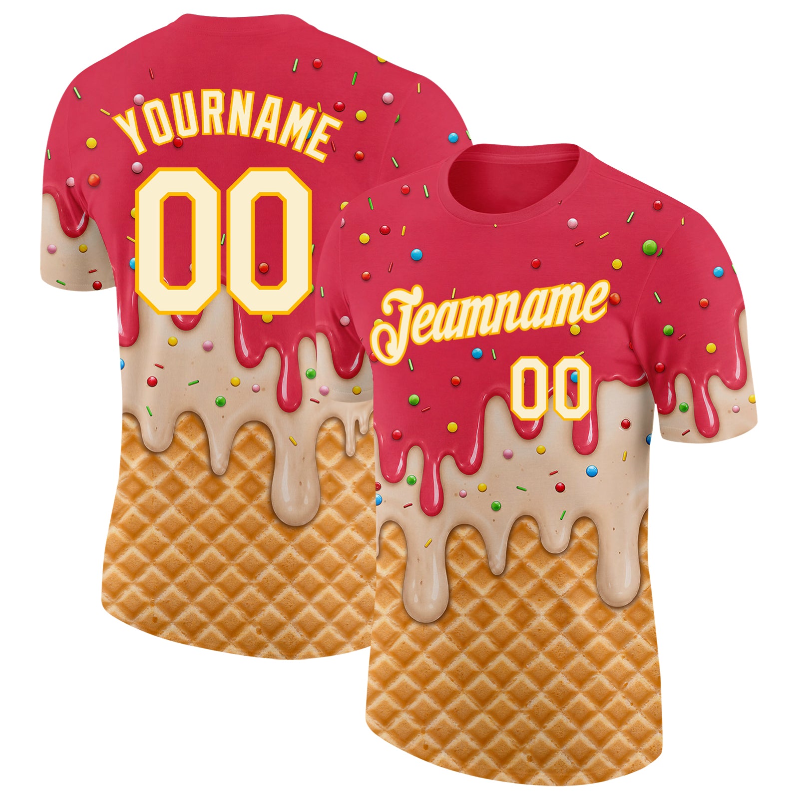 Custom Coral Red Cream-Gold Ice Cream Waffle Foodie Dessert Performance T-Shirt