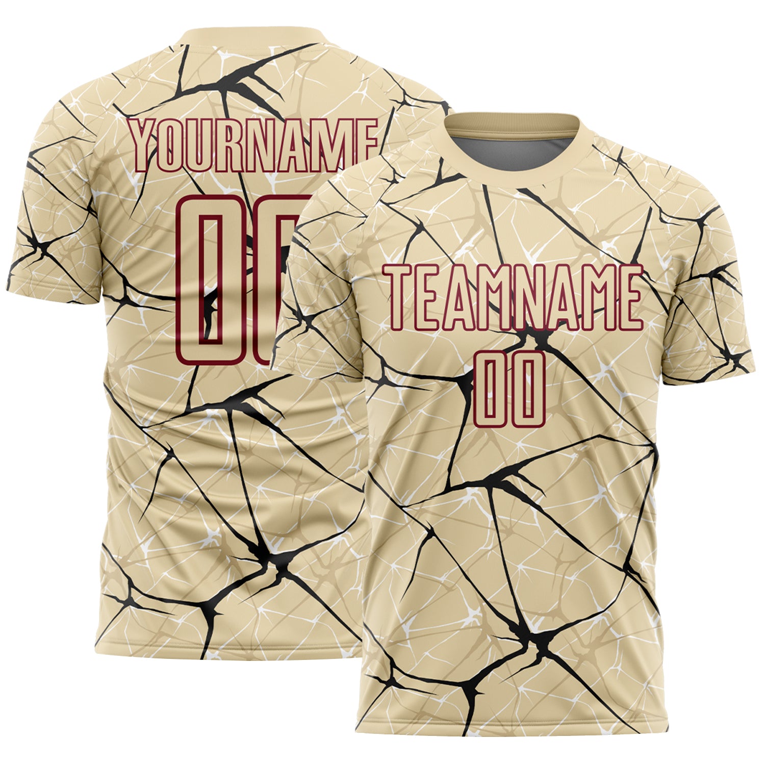 Custom Cream Black-Crimson Abstract Network Crackle Sublimation Soccer Uniform Jersey