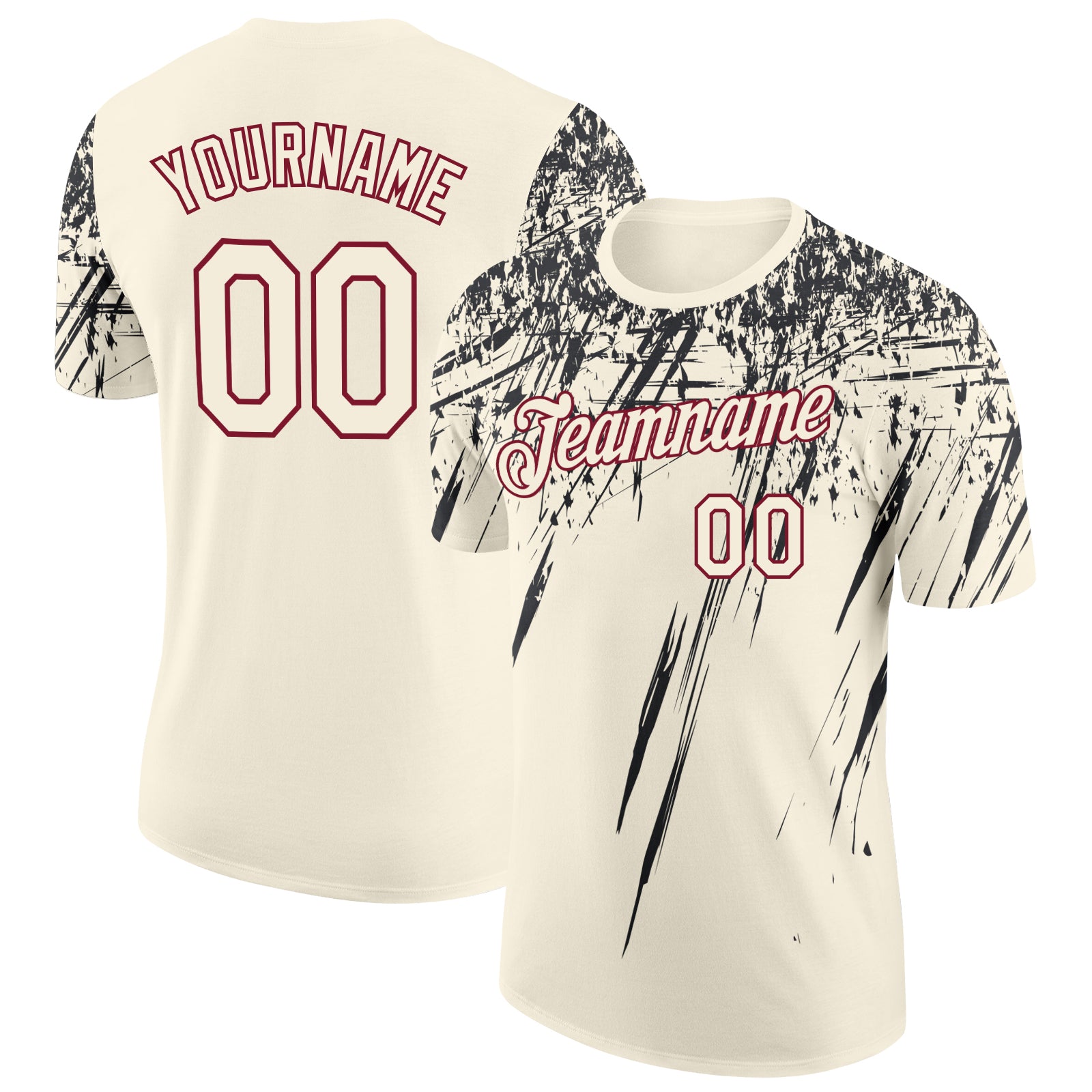 Custom Cream Black-Crimson Distressed Scratch Brush Stroke Performance T-Shirt