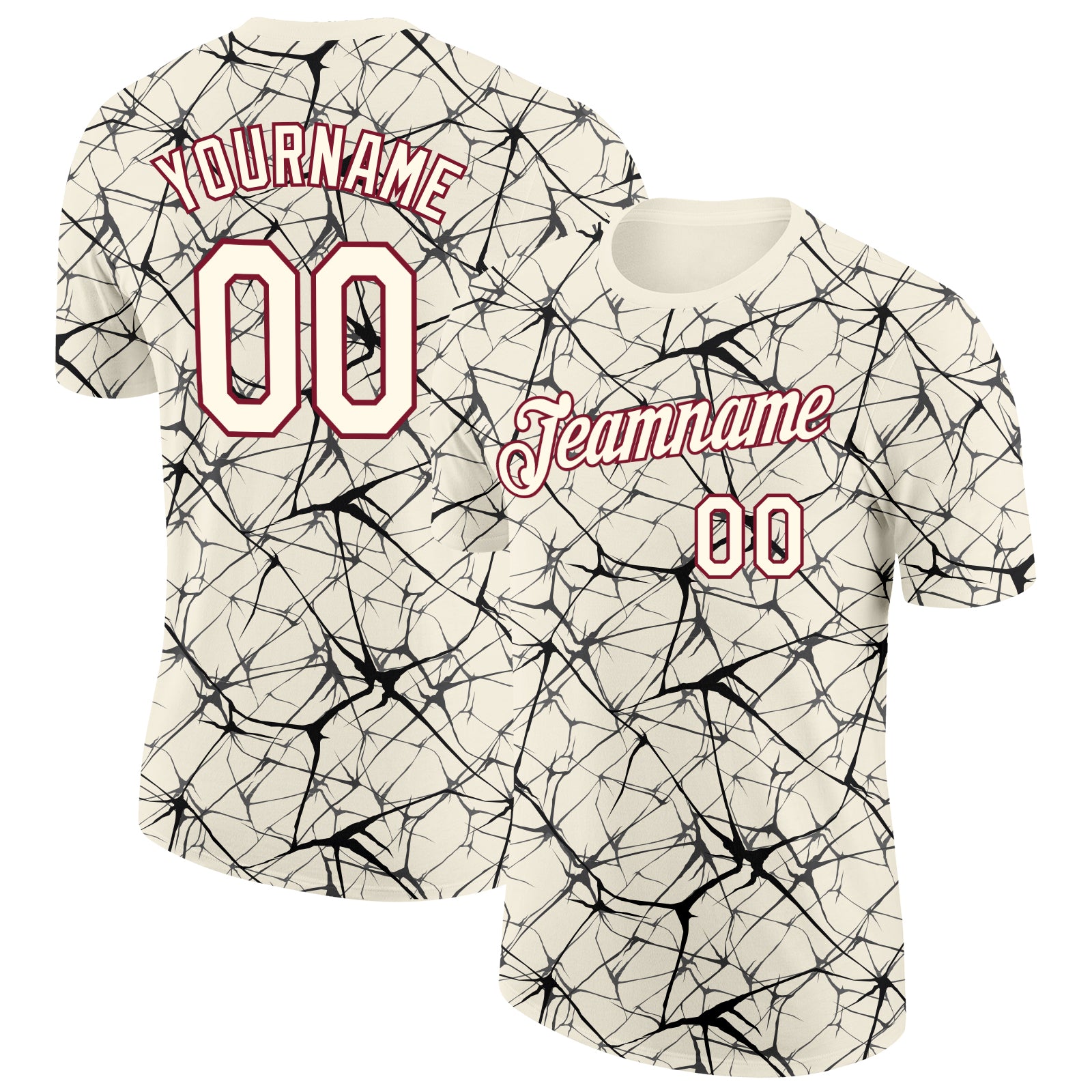 Custom Cream Black Gray-Crimson Abstract Network Crackle Performance T-Shirt