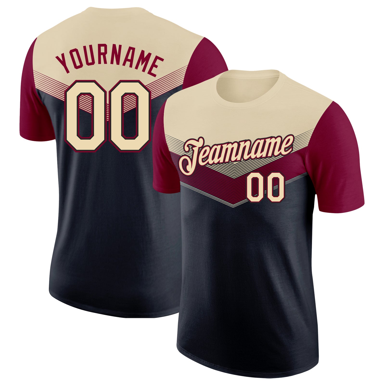 Custom Cream Black-Maroon Geometric V-Lines Color Block Performance T-Shirt
