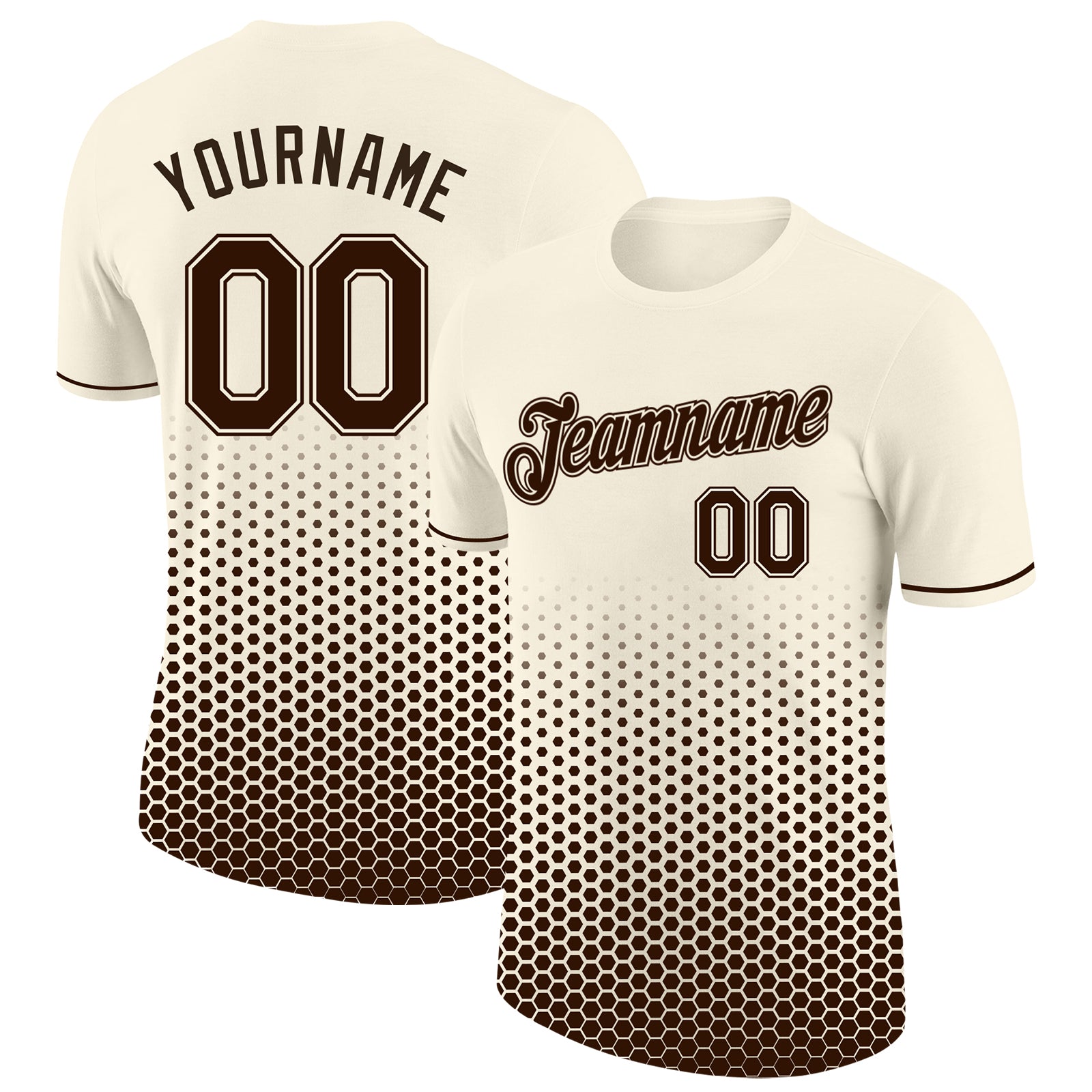 Custom Cream-Brown Geometric Hexagonal Dot Gradient Performance T-Shirt