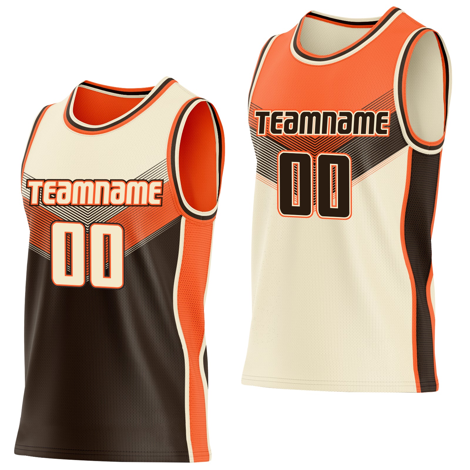 Custom Cream Brown-Orange Side Panel Stripe Geometric V-Cut Color Block Reversible Double Side Sublimation Basketball Set Jersey