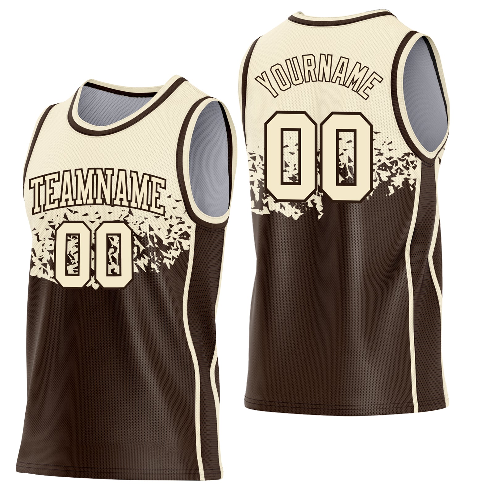 Custom Cream-Brown Shattered Geometric Side Panel Stripe Round Neck Sublimation Basketball Set Jersey