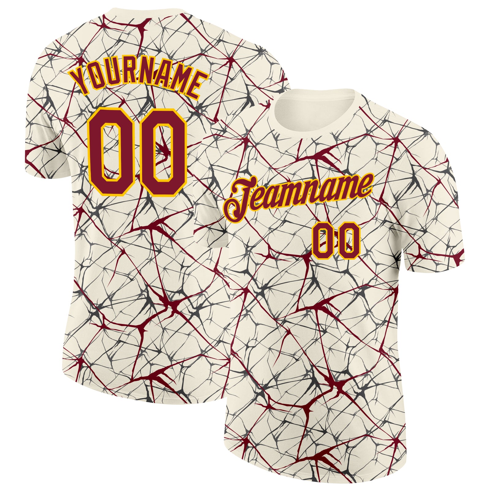 Custom Cream Crimson Gray-Yellow Abstract Network Crackle Performance T-Shirt
