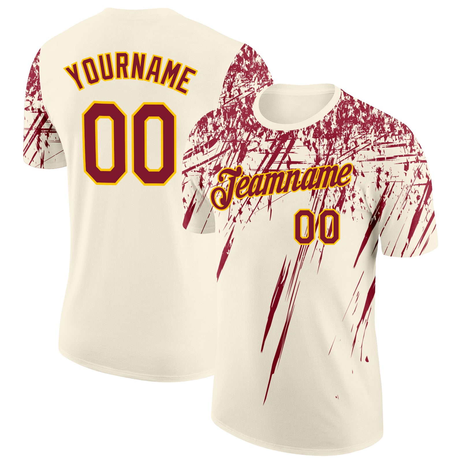 Custom Cream Crimson-Yellow Distressed Scratch Brush Stroke Performance T-Shirt