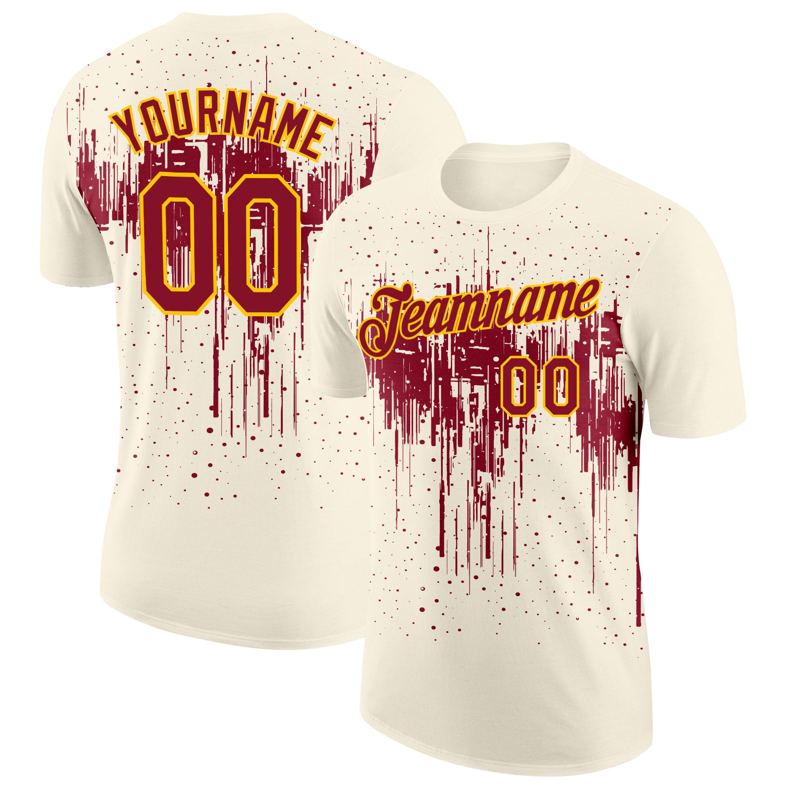 Custom Cream Crimson-Yellow Dripping Splatter Paint Performance T-Shirt