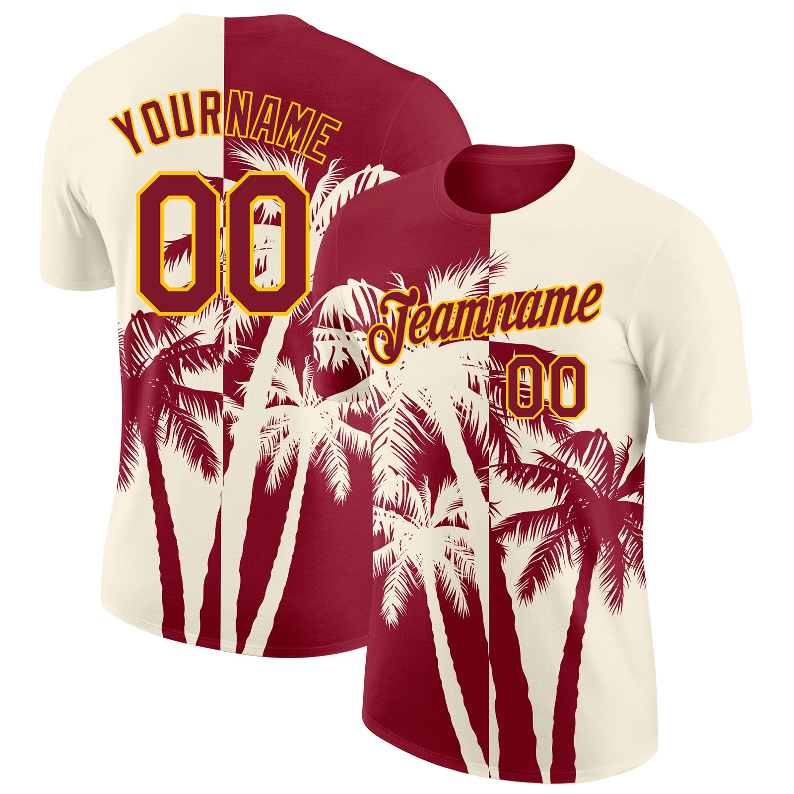 Custom Cream Crimson-Yellow Hawaii Tropical Coastal Palm Trees Performance T-Shirt