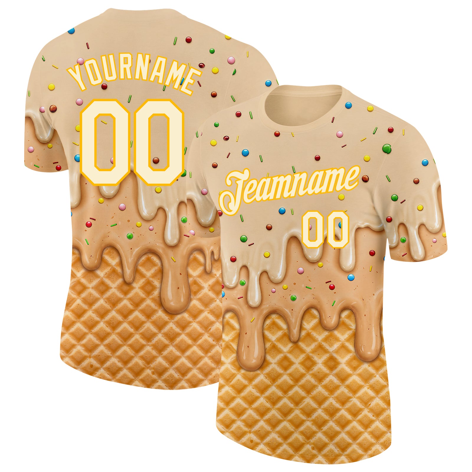 Custom Cream-Gold Ice Cream Waffle Foodie Dessert Performance T-Shirt