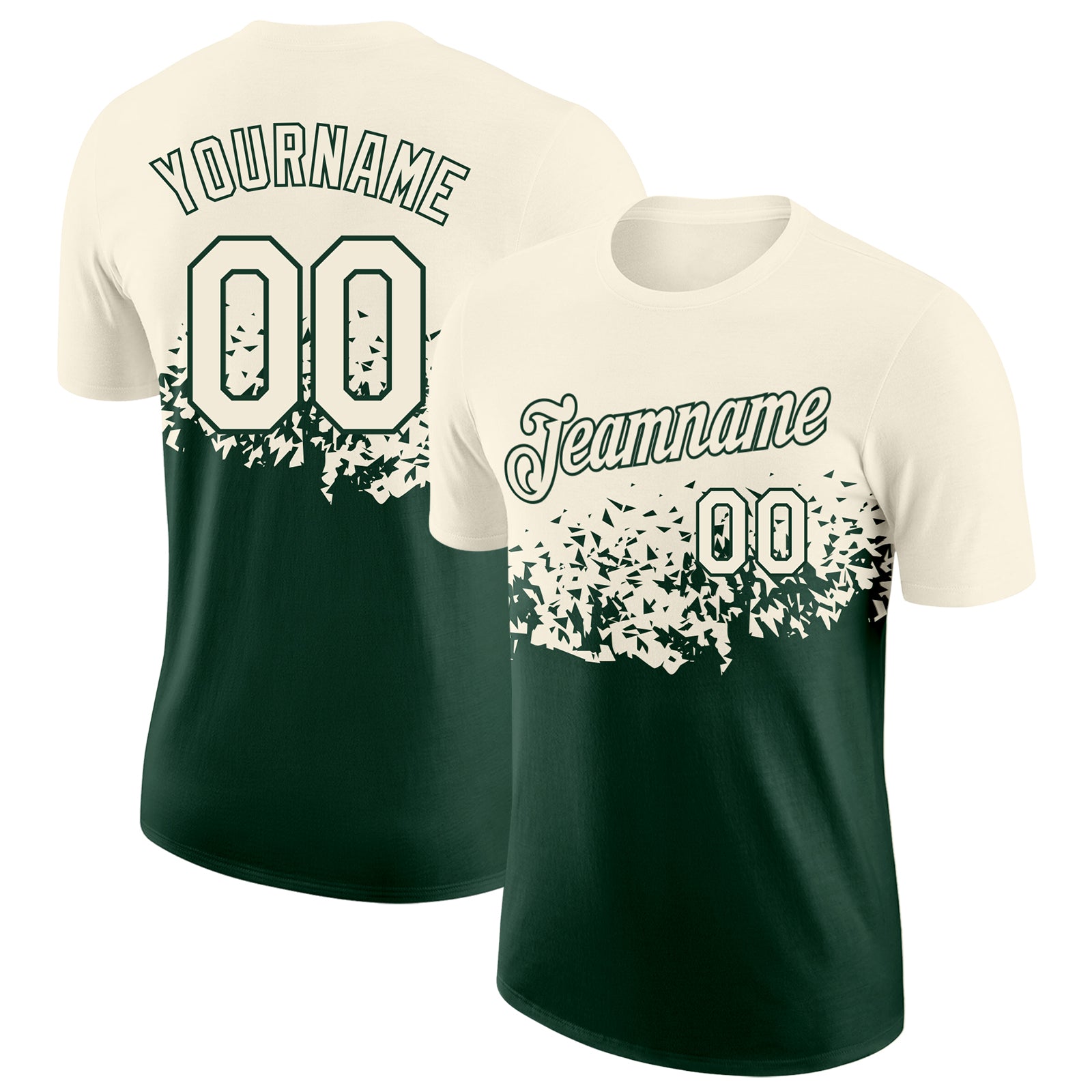 Custom Cream-Green Fade Geometric Splatter Fragmented Shards Performance T-Shirt